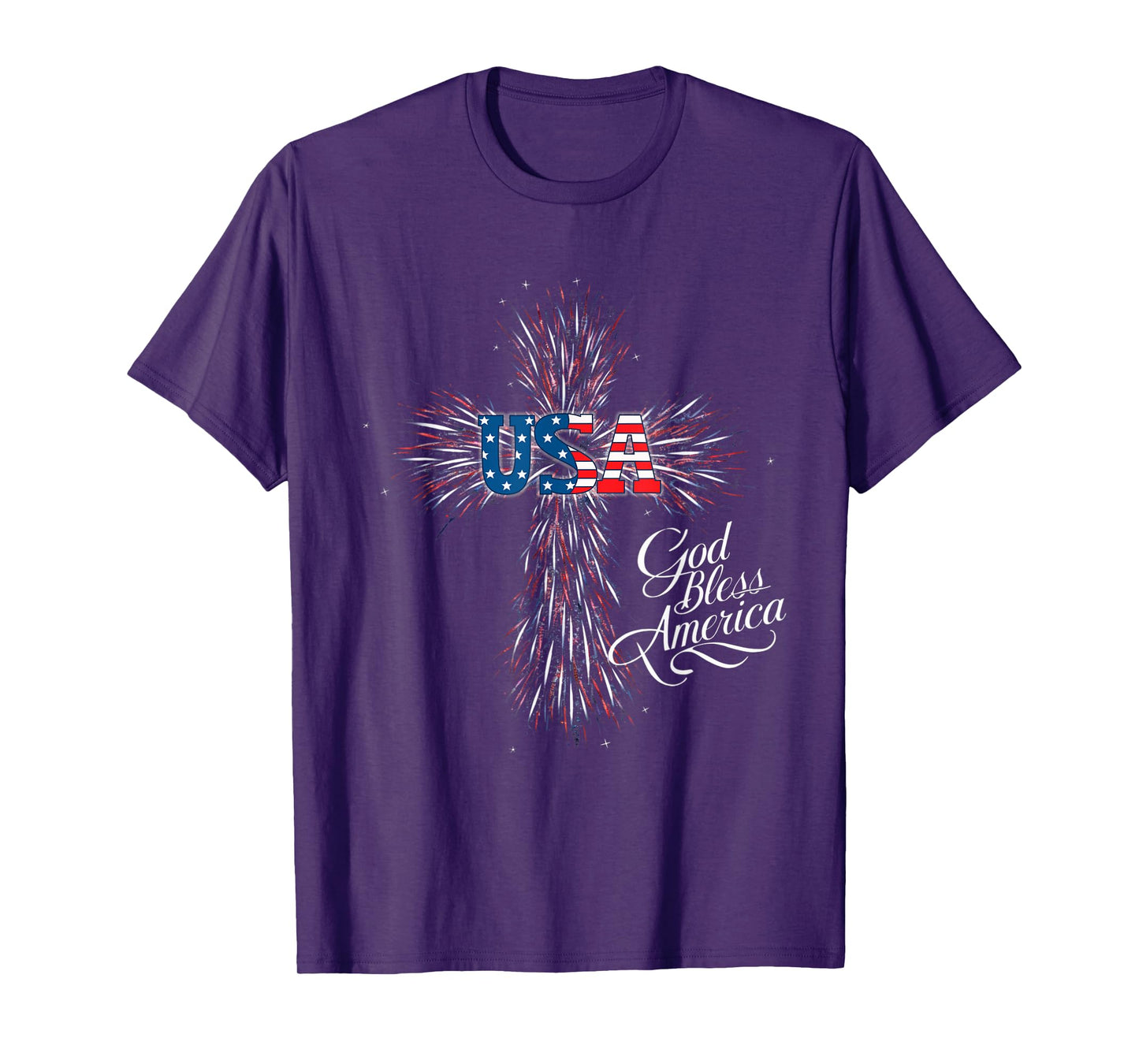 USA God Bless America Patriotic Fireworks Cross Women Men T-Shirt