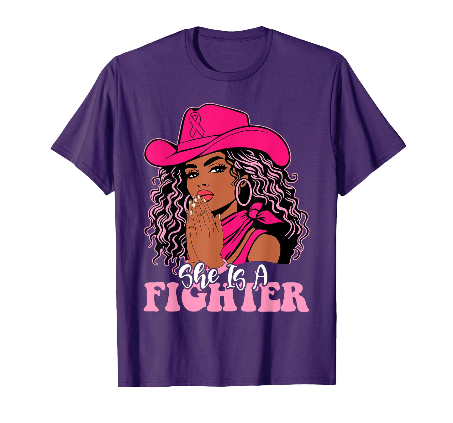 She is a Fighter Praying Black Cowgirl Afro Breast Cancer T-Shirt