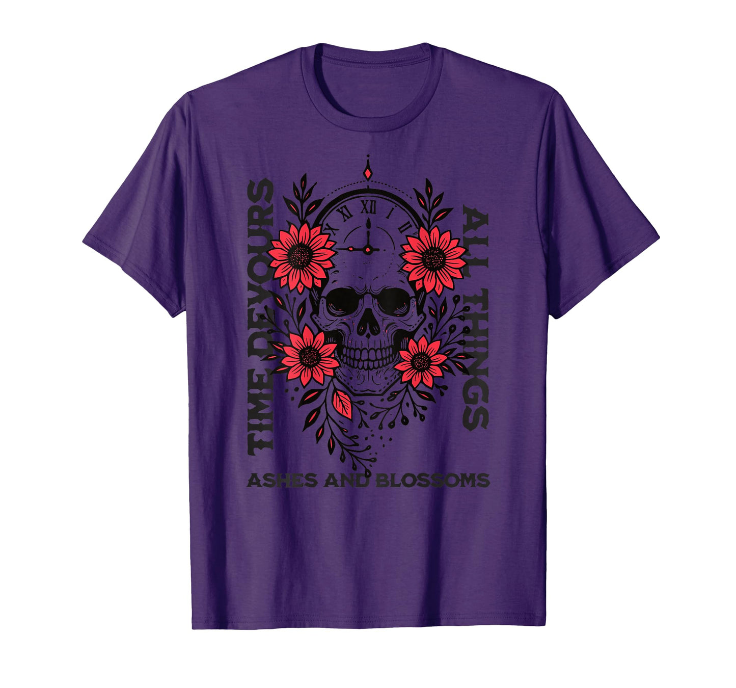 Time Devours All Things Gothic Skull Clock Tattoo Red Floral T-Shirt