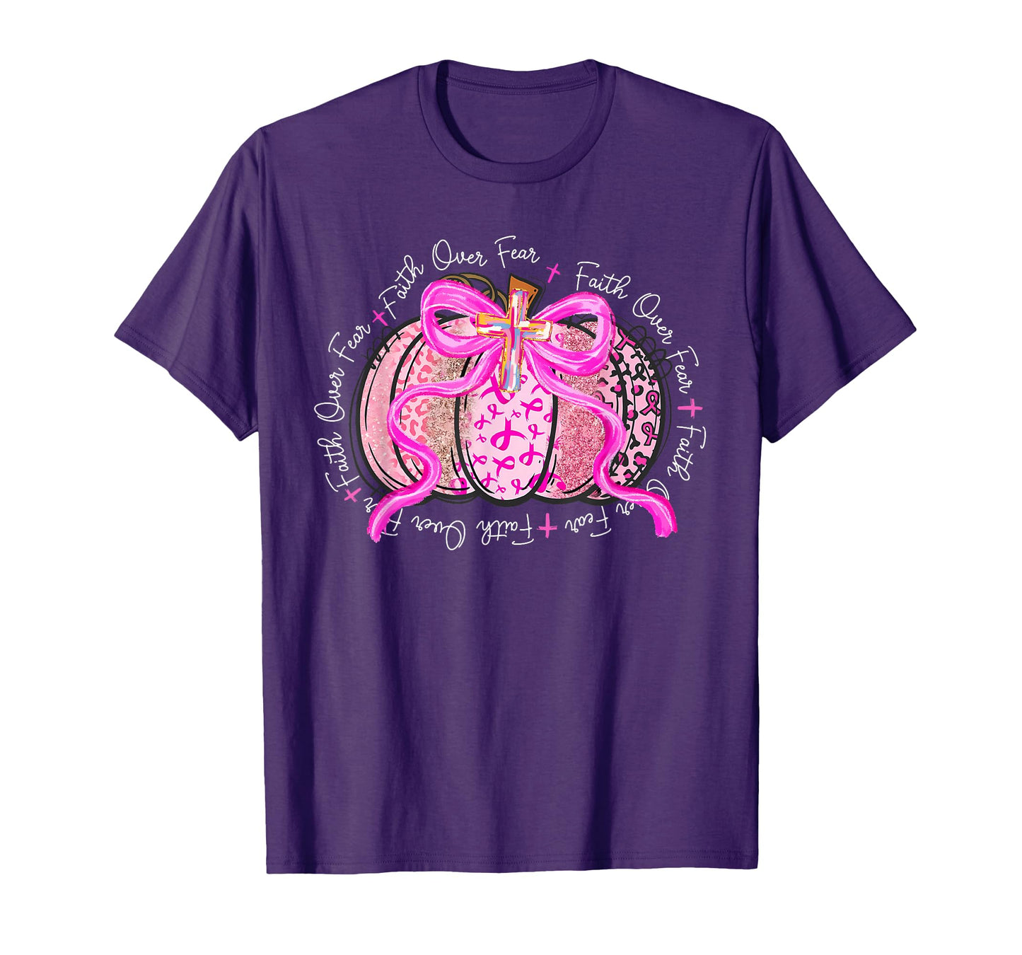 Faith Over Fear Preppy Pumpkin Christian Breast Cancer Fall T-Shirt