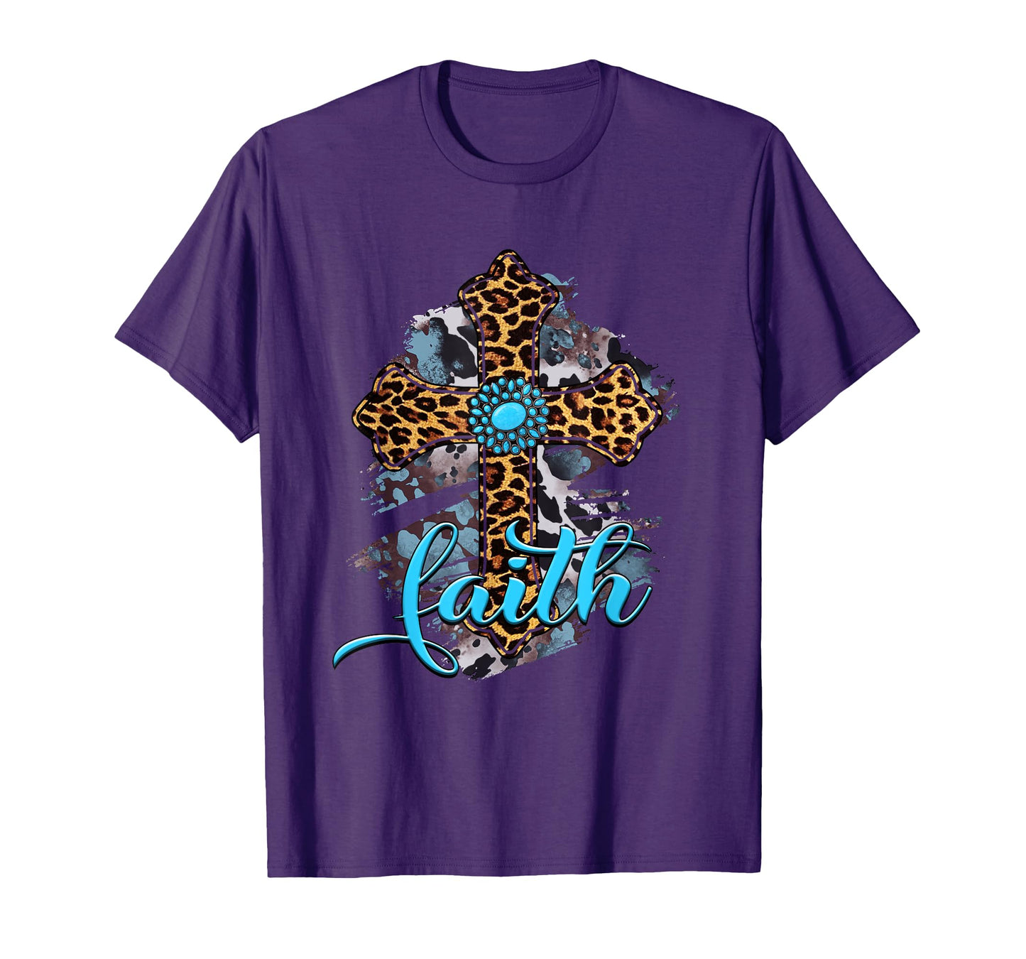 Western Boho Christian Turquoise Leopard Faith Cross Jesus T-Shirt