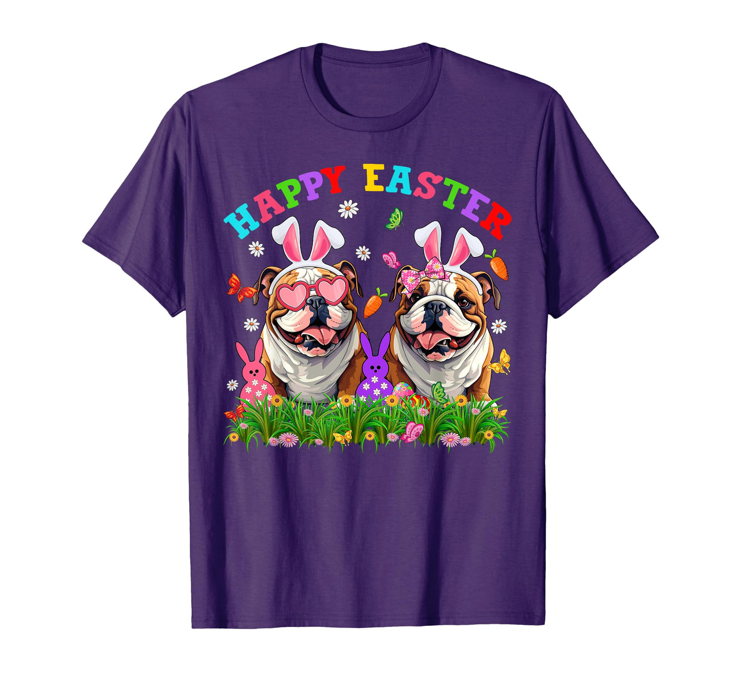 Cute English Bulldog Dog & Bunny Ears Eggs Happy Easter Day T-Shirt for Men Women Girls Kids