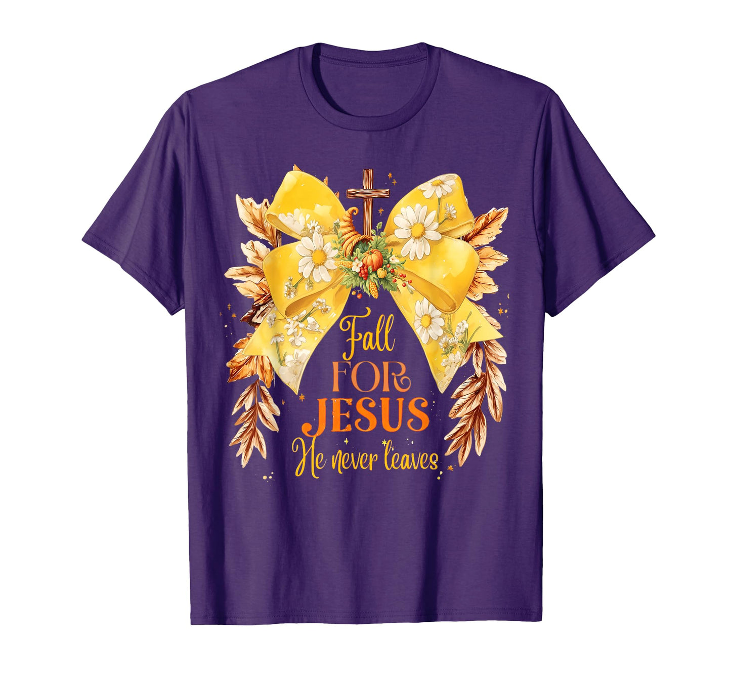 Fall for Jesus He Never Leaves Coquette Bow Pumpkin Autumn T-Shirt