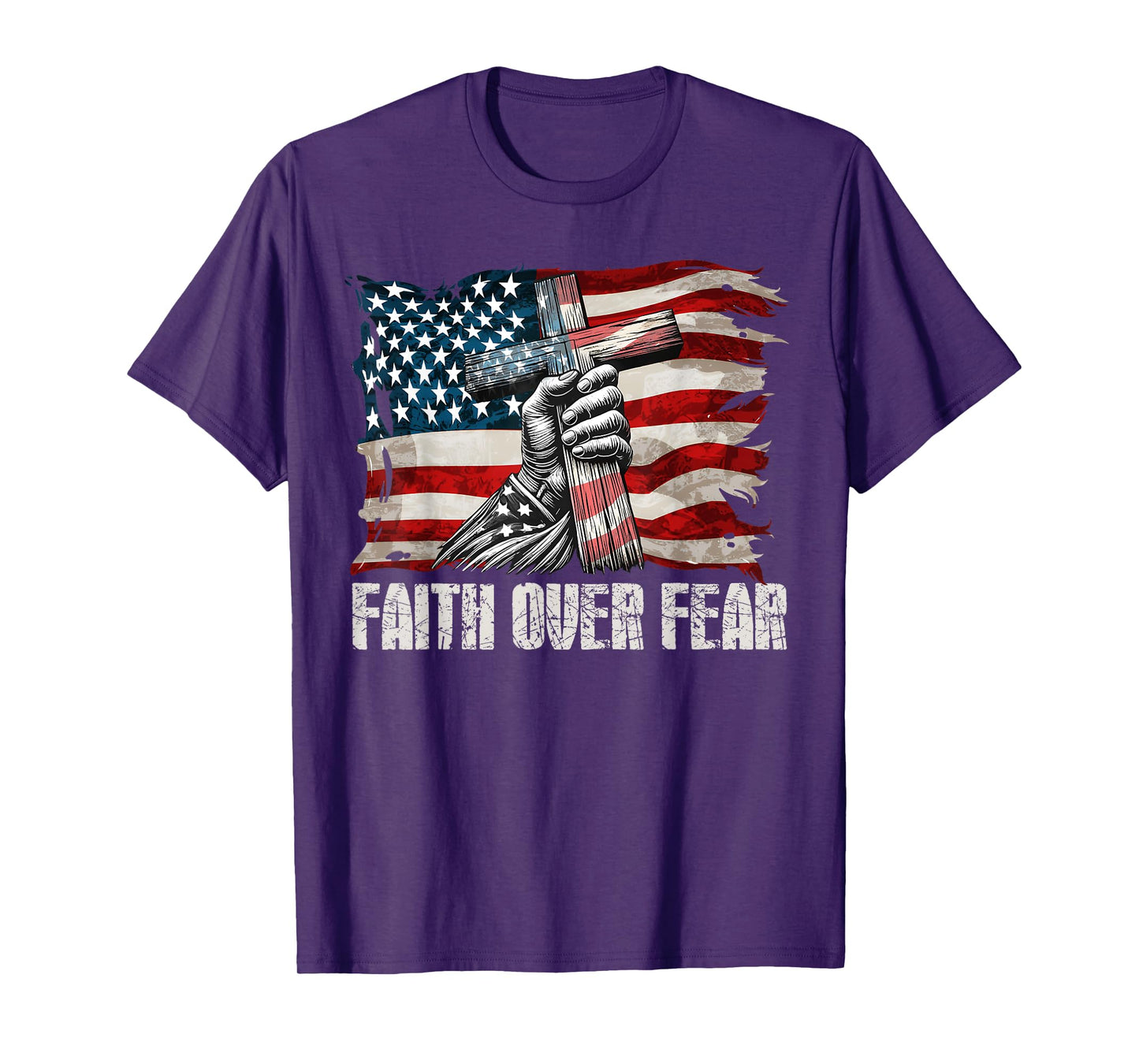 Faith Over Fear Jesus Christian Cross Faith US Flag America T-Shirt