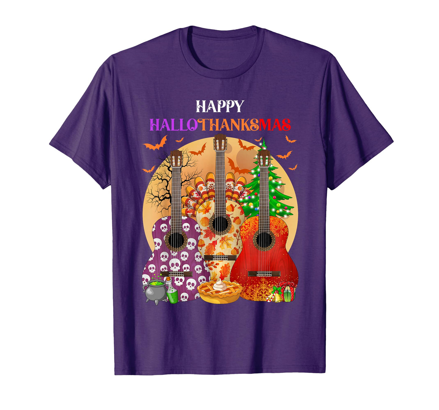 Happy HalloThanksMas Guitar Halloween Thanksgiving Christmas T-Shirt