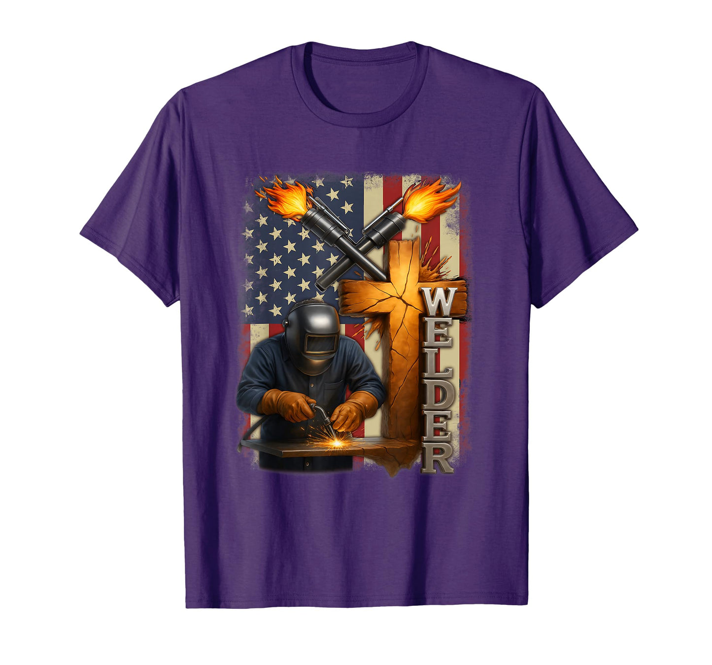 Welder USA Flag Cross Welding Faith Christian Work Pride T-Shirt