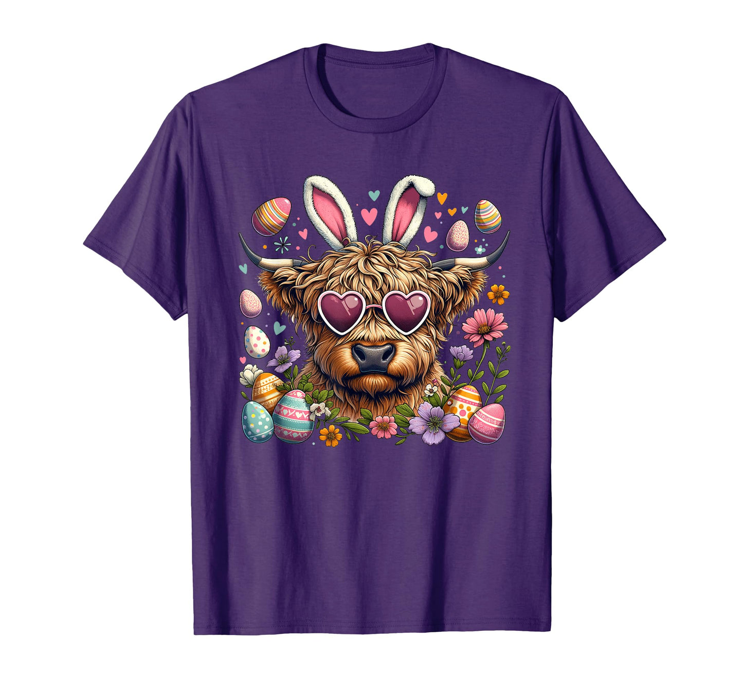 Happy Easter Day Highland Cow Retro Easter Bunny Women Kids T-Shirt
