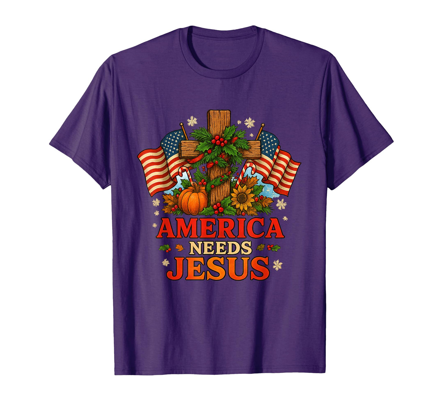 America Needs Jesus Christian Christmas Patriotic US Flags T-Shirt