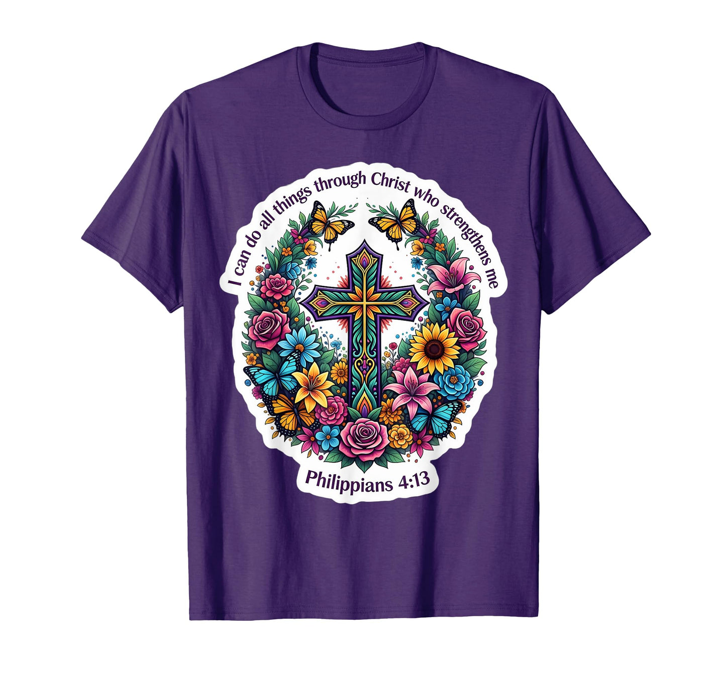 Flaral Bible Quote Verse Philippians 4:13 Christian Cross T-Shirt