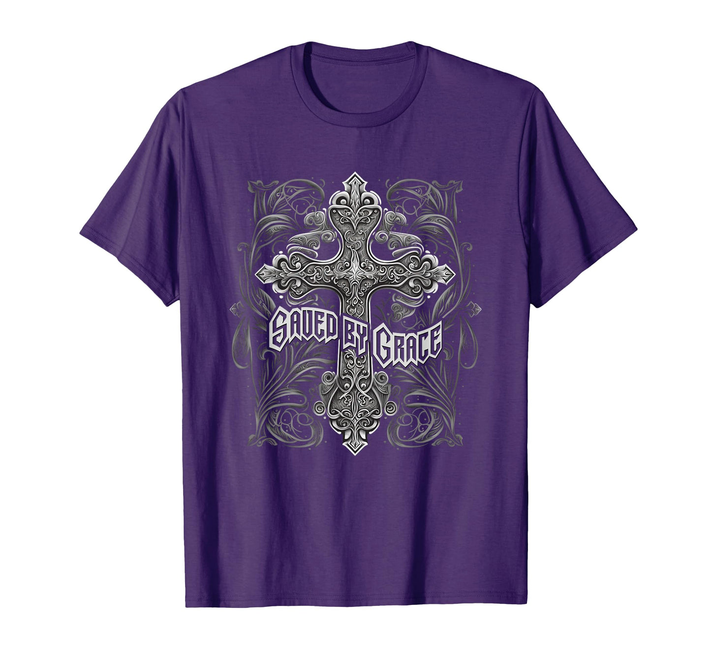 Saved By Grace Christian Graphic Design Gothic Cross T-Shirt