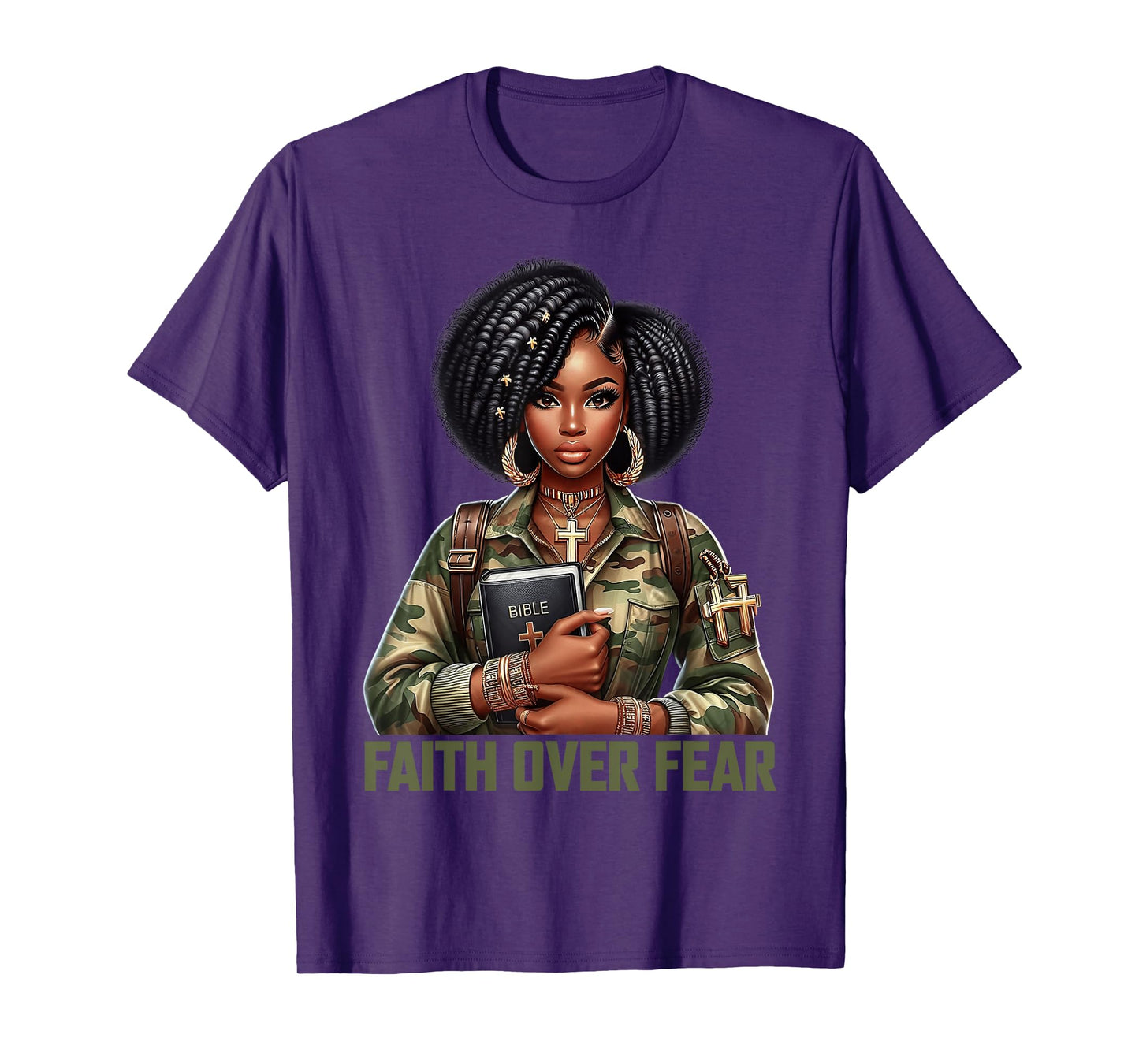 Faith Over Fear Christian Camo African American Afro Women T-Shirt