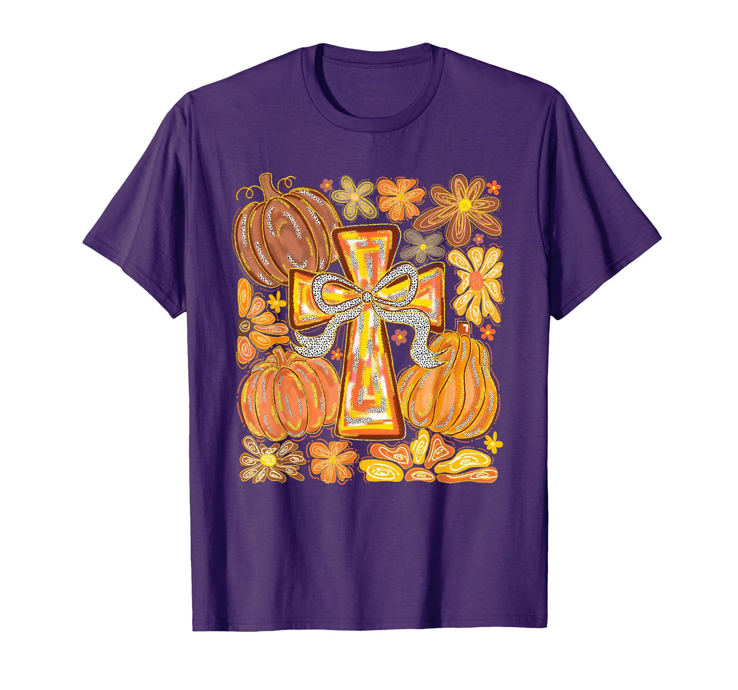 Fall Cross Pumpkins & Flowers Christian Autumn Faith Women T-Shirt