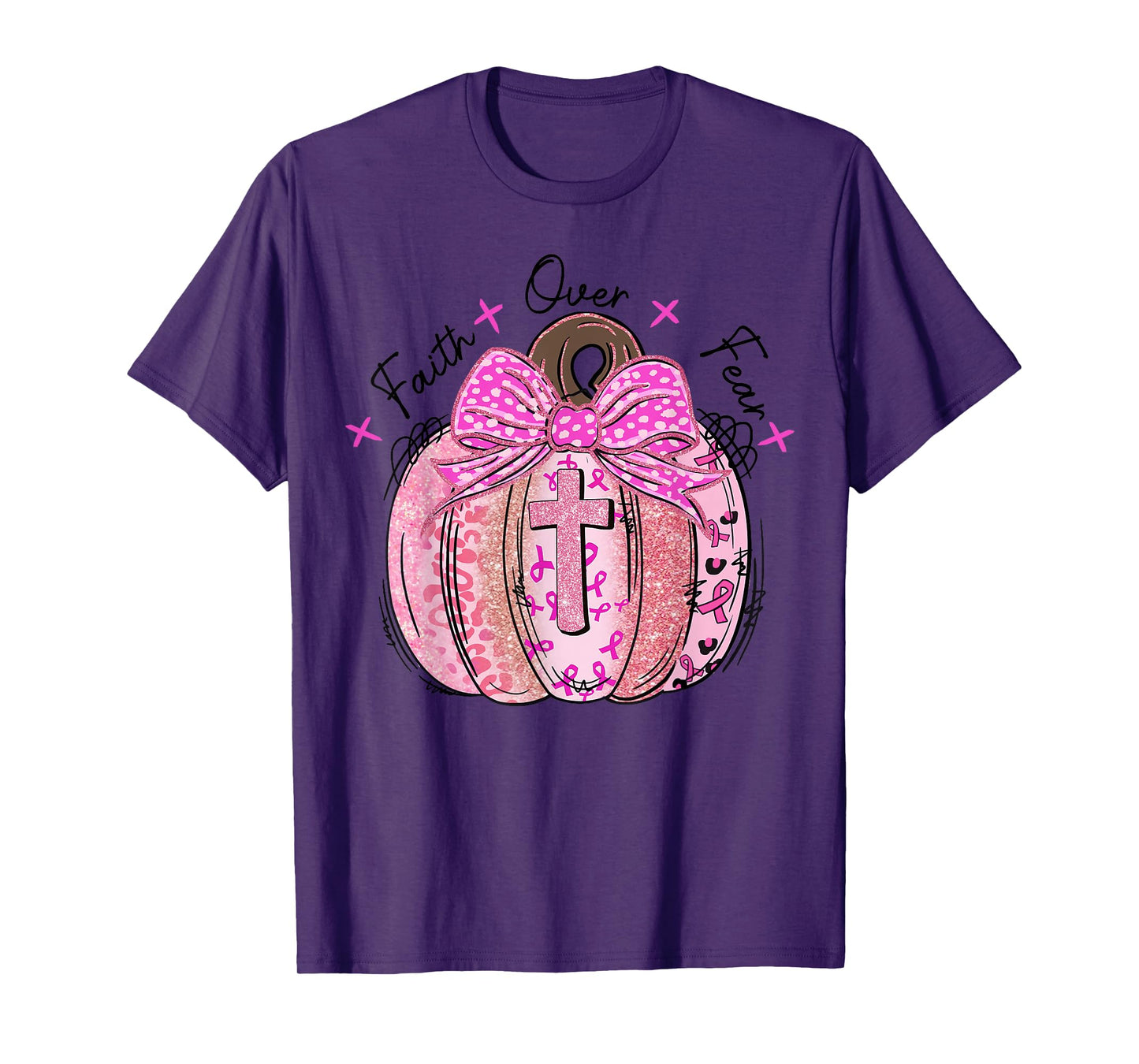 Faith Over Fear Pumpkin BowwCross Breast Cancer Awareness T-Shirt