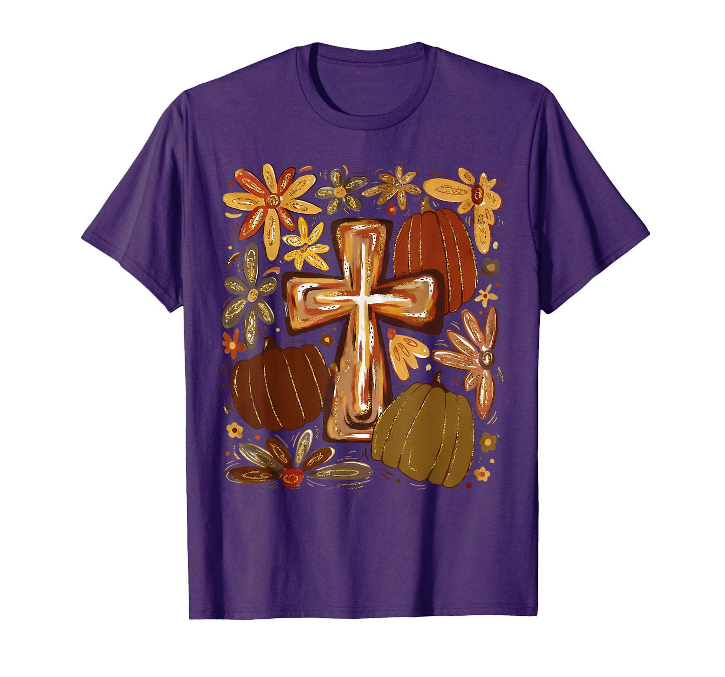 Boho Floral Pumpkin Cross Fall Jesus Christian Faith Autumn T-Shirt