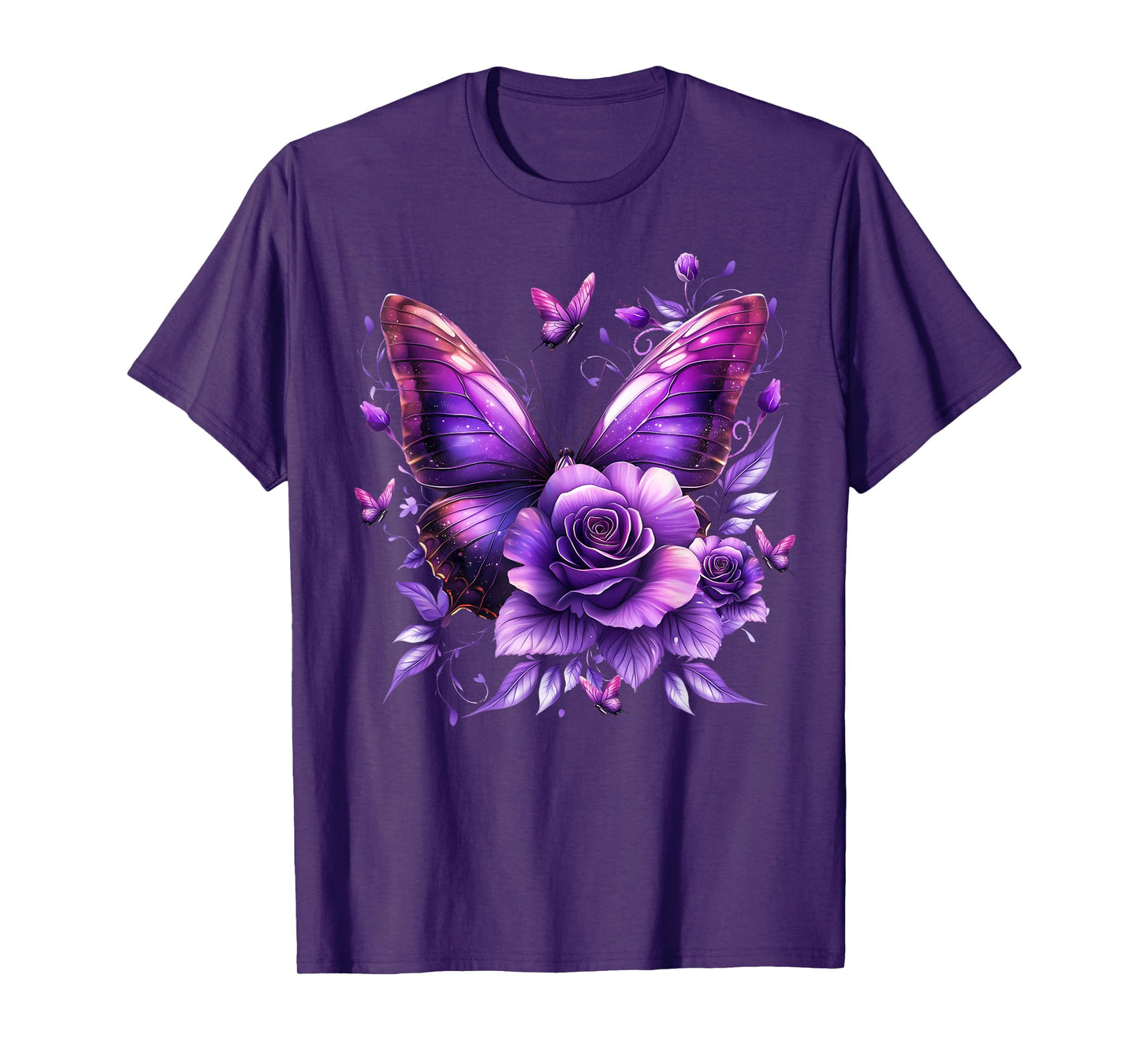 Floral Beautiful Purple Butterfly Lover Rose Flower Women T-Shirt