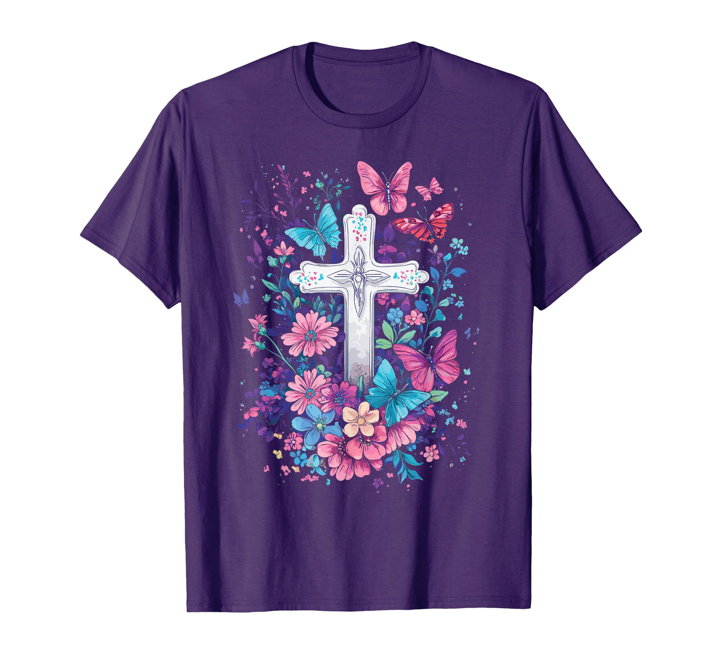 Christian Cross With Floral Butterflies for Easter T-Shirt