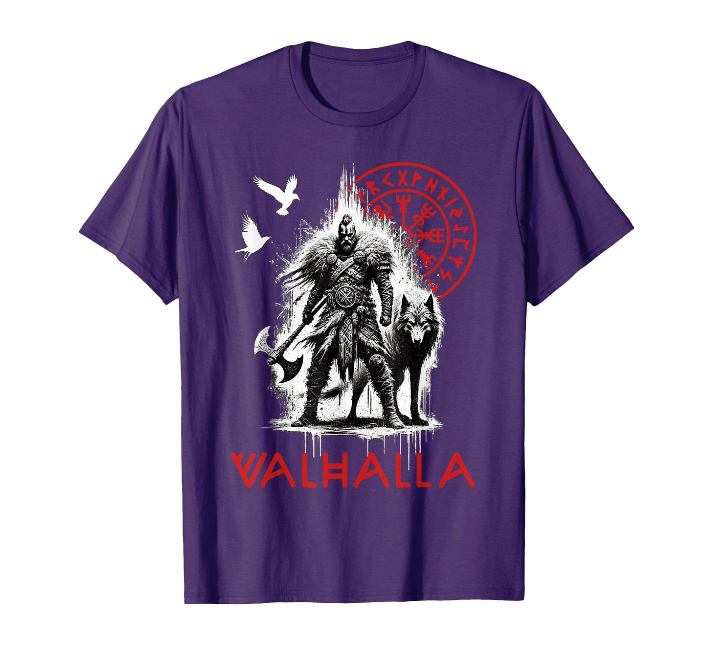 Valhalla Odin Wolf and Raven Viking Runes Norse Compass T-Shirt