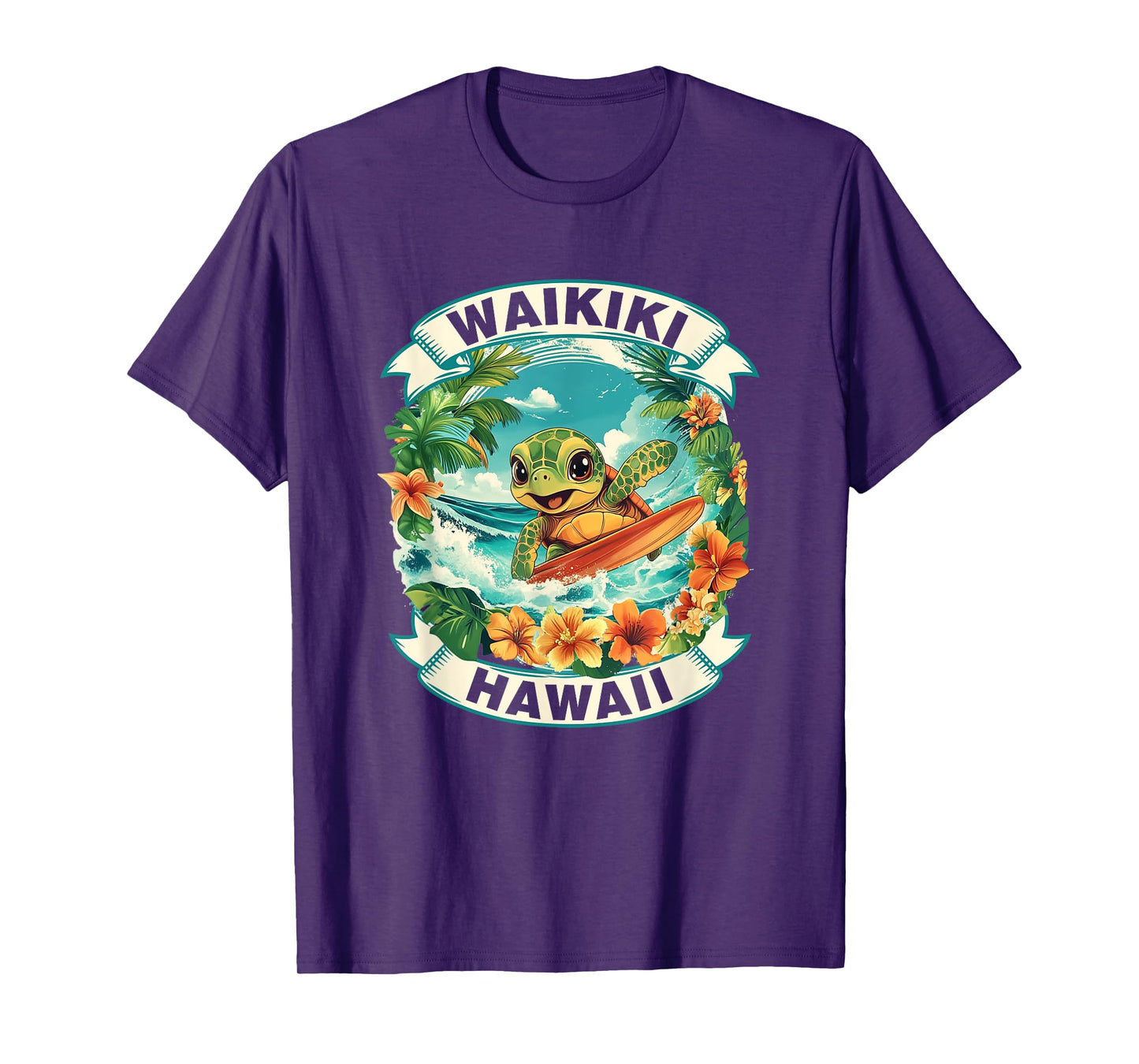 Waikiki Hawaii Cute Sea Turtle Surfing Summer Vacation T-Shirt