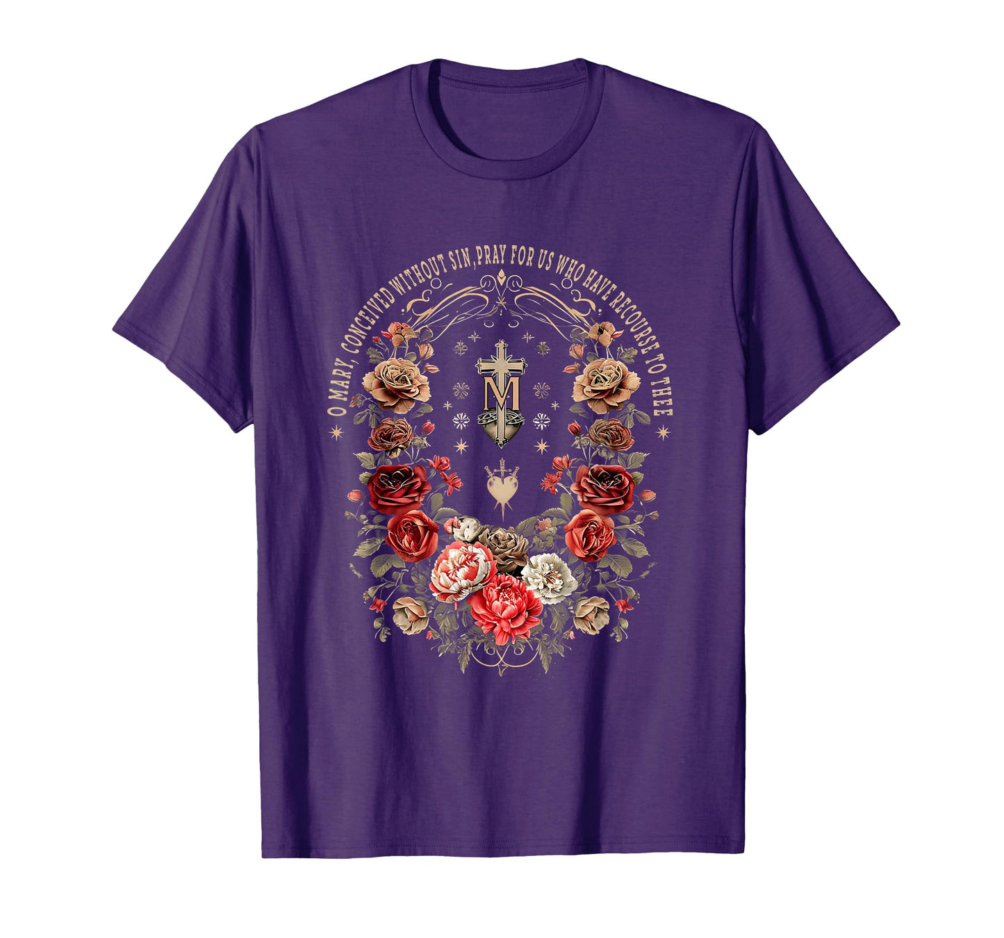 Marian Catholic Virgin Mary Marian Floral Cross Religious T-Shirt