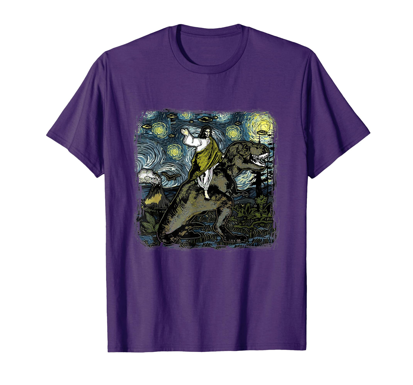 Jesus Riding Dinosaur Starry Night Funny Men Women UFOs T-Shirt