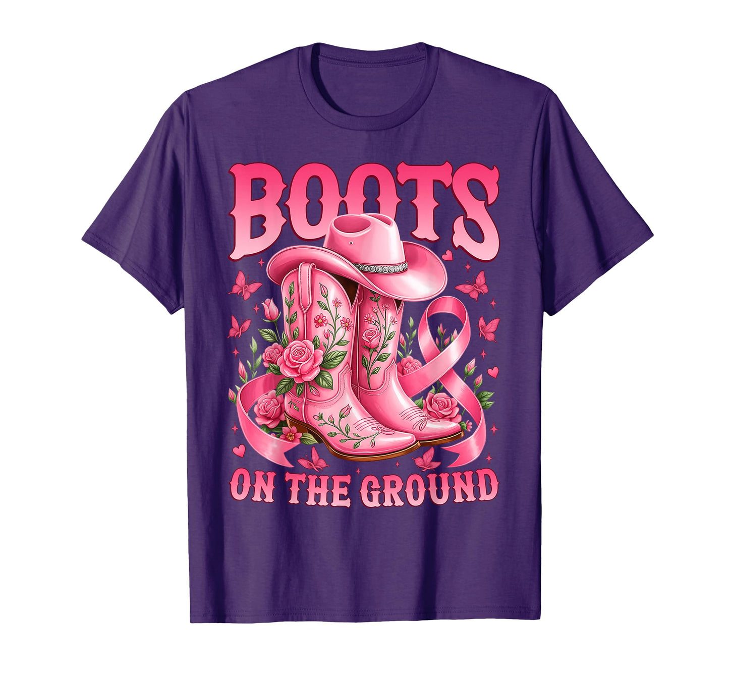 Boots On The Ground Breast Cancer Awareness Pink Ribbon T-Shirt