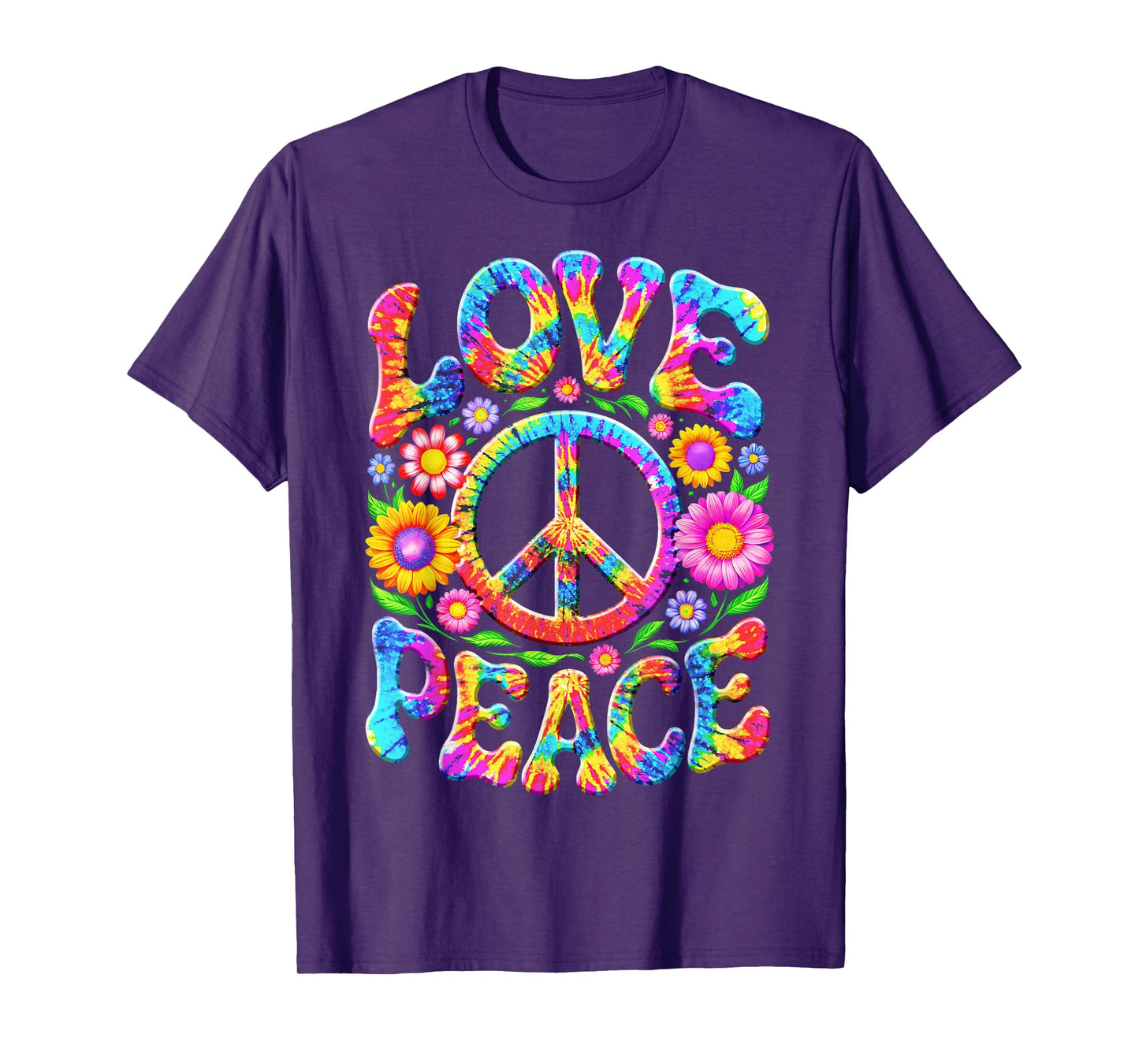 Colorful Flowers Love Peace Sign 60s 70s Tie Dye Floral T-Shirt