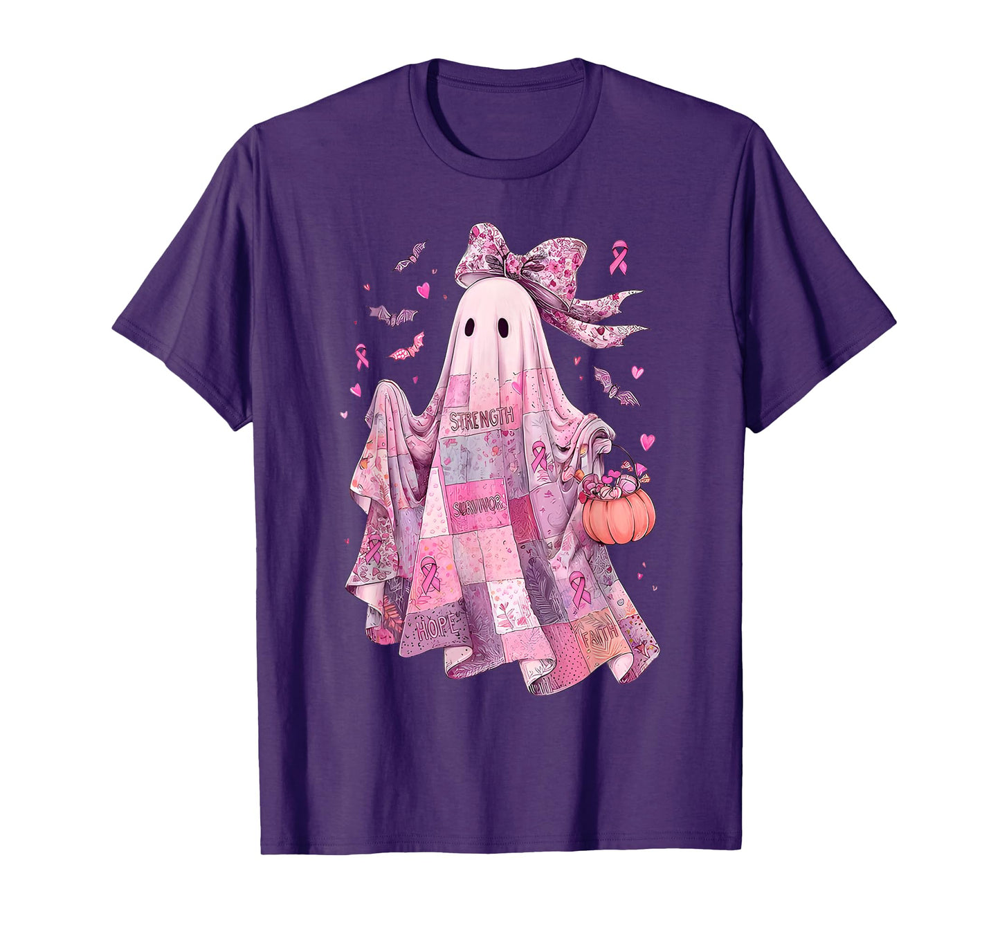 Breast Cancer Awareness Ghost, Pink Ribbon Patchwork Ghost T-Shirt