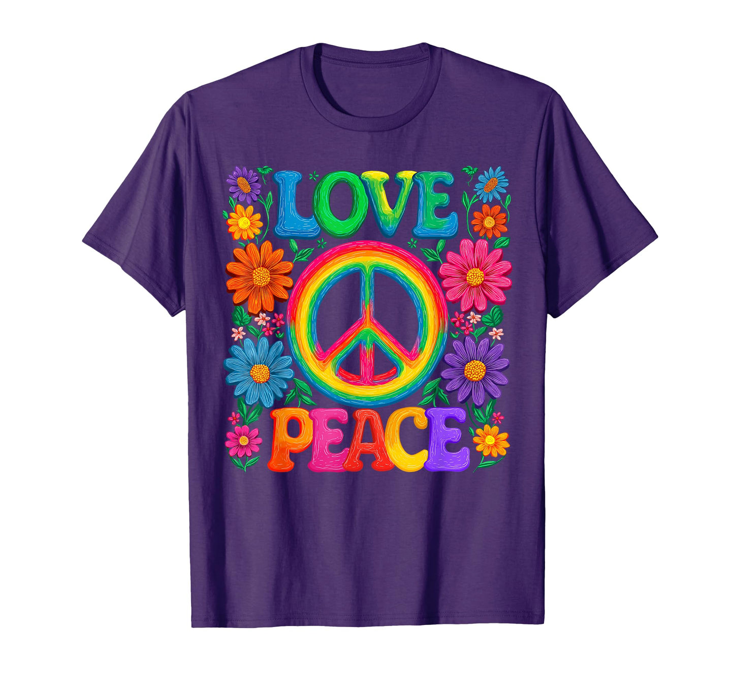 Floral Peace Love Sign Flowers 60s 70s Hippie Costume Party T-Shirt