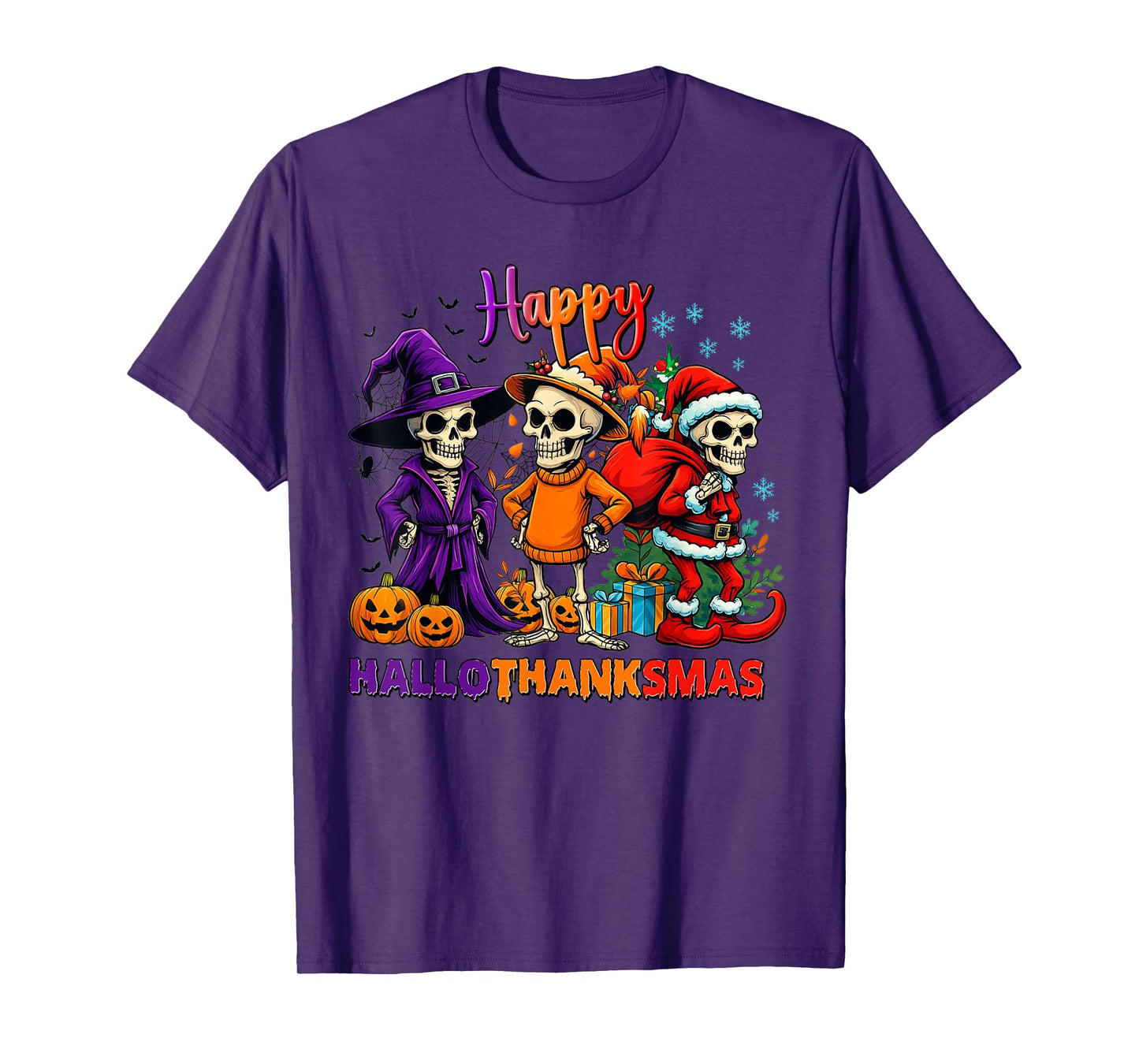 Funny Happy Hallothanksmas Skeleton For Men Women Kids T-Shirt
