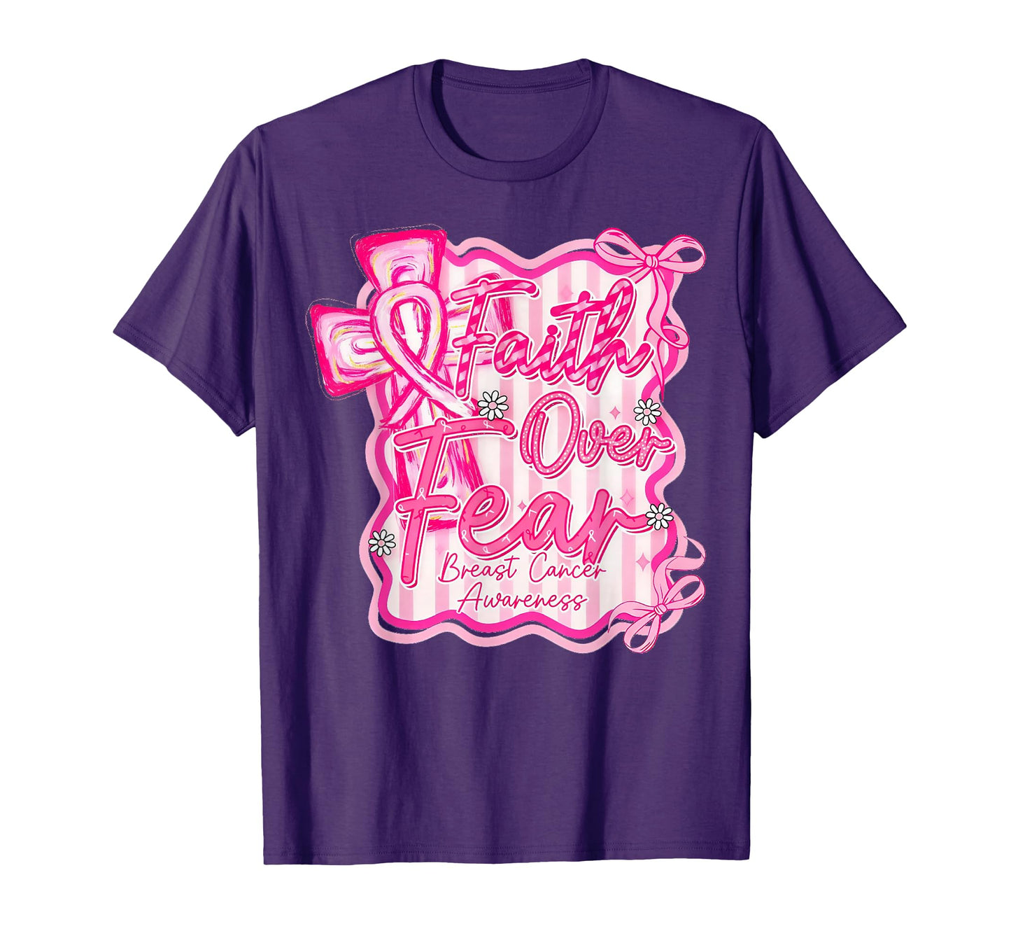 Breast Cancer Awareness Faith Over Fear Coquette Pink Bow T-Shirt