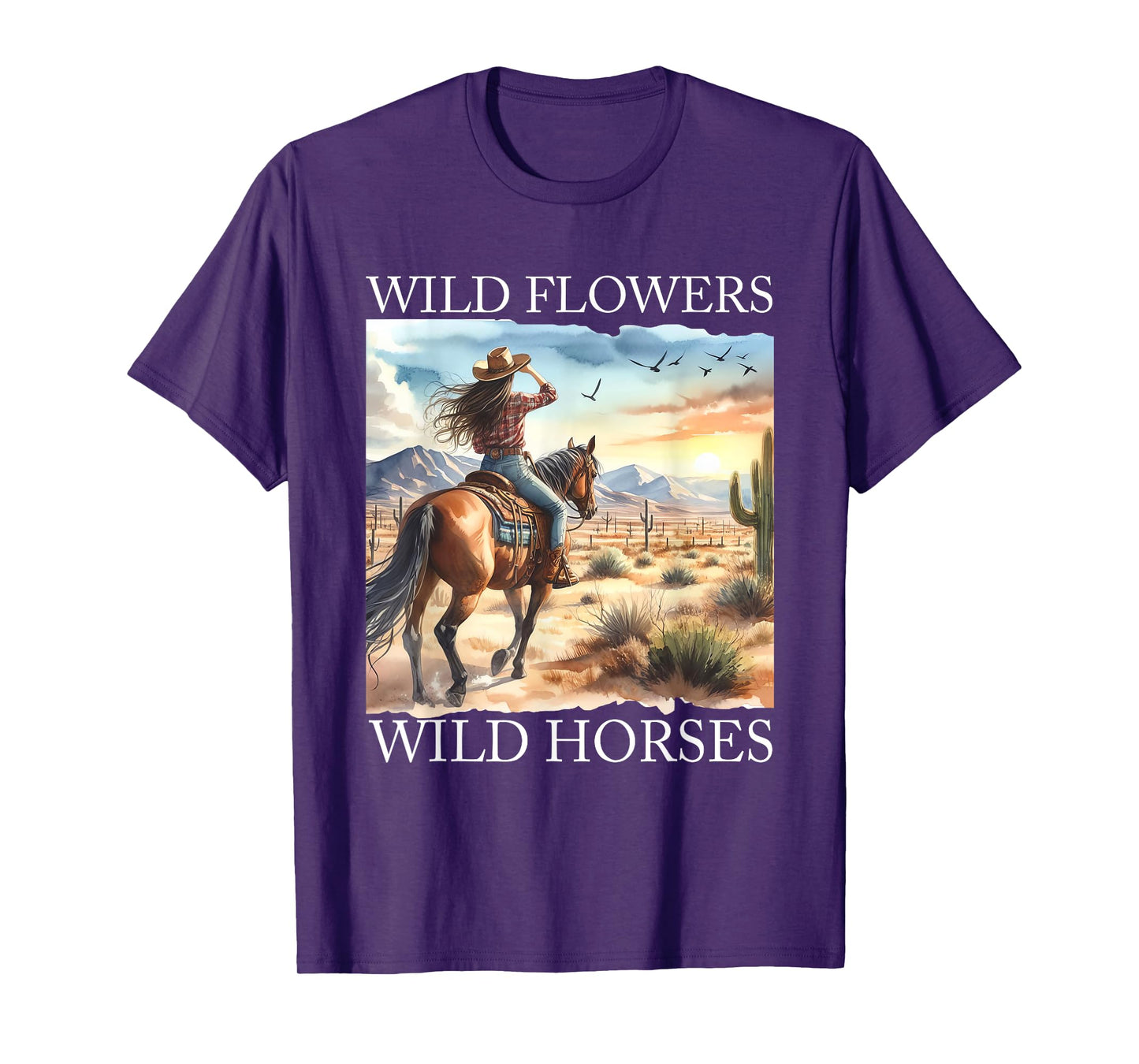 Sunset Cowgirl Riding Horse Wild Flowers - Wild Horses T-Shirt