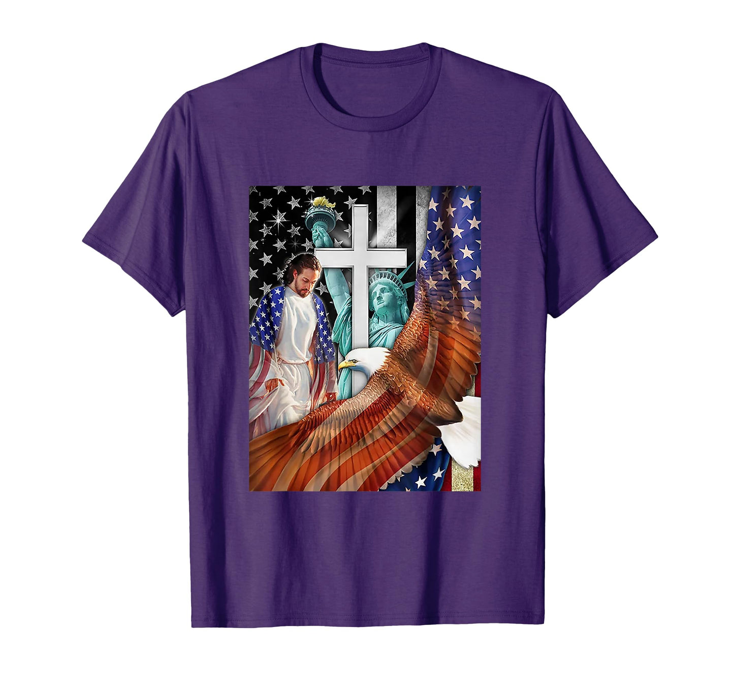 Bald Eagle with Jesus Christ and American Flag Women Kids Men T-Shirt