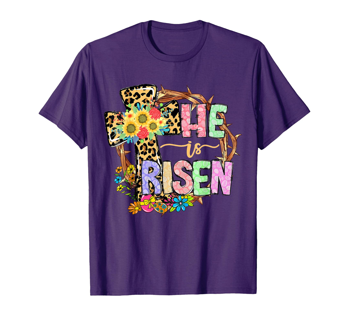 He Is Risen Floral Jesus Easter Day Christians Leopard Cross T-Shirt