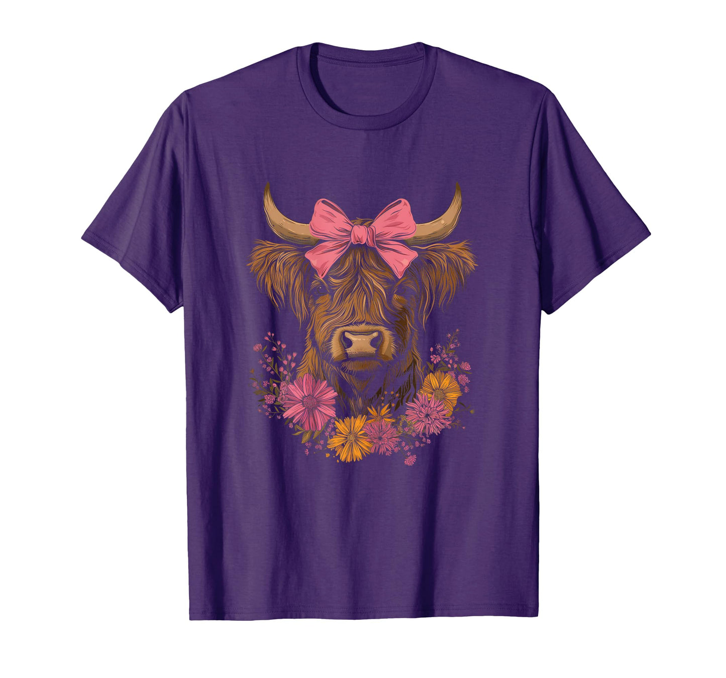 Highland Cow Pink Bow Flowers Girls Cute Farming Farm Farmer T-Shirt