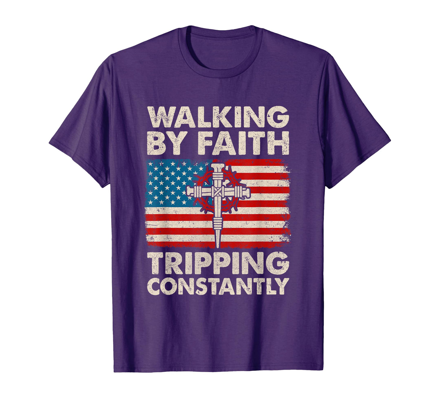 Walking By Faith Tripping Constantly Christian Bible Us Flag T-Shirt