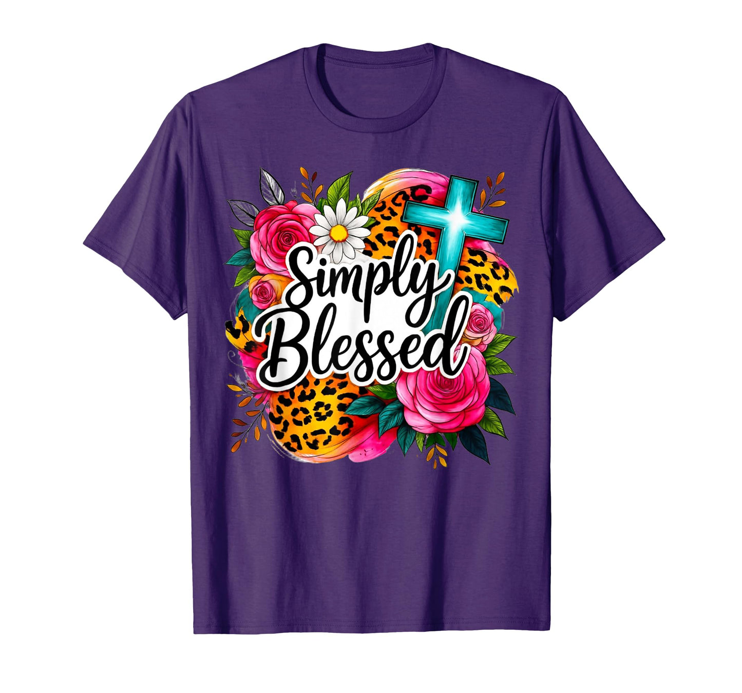 Simply Blessed Floral Cross Faith Design T-Shirt