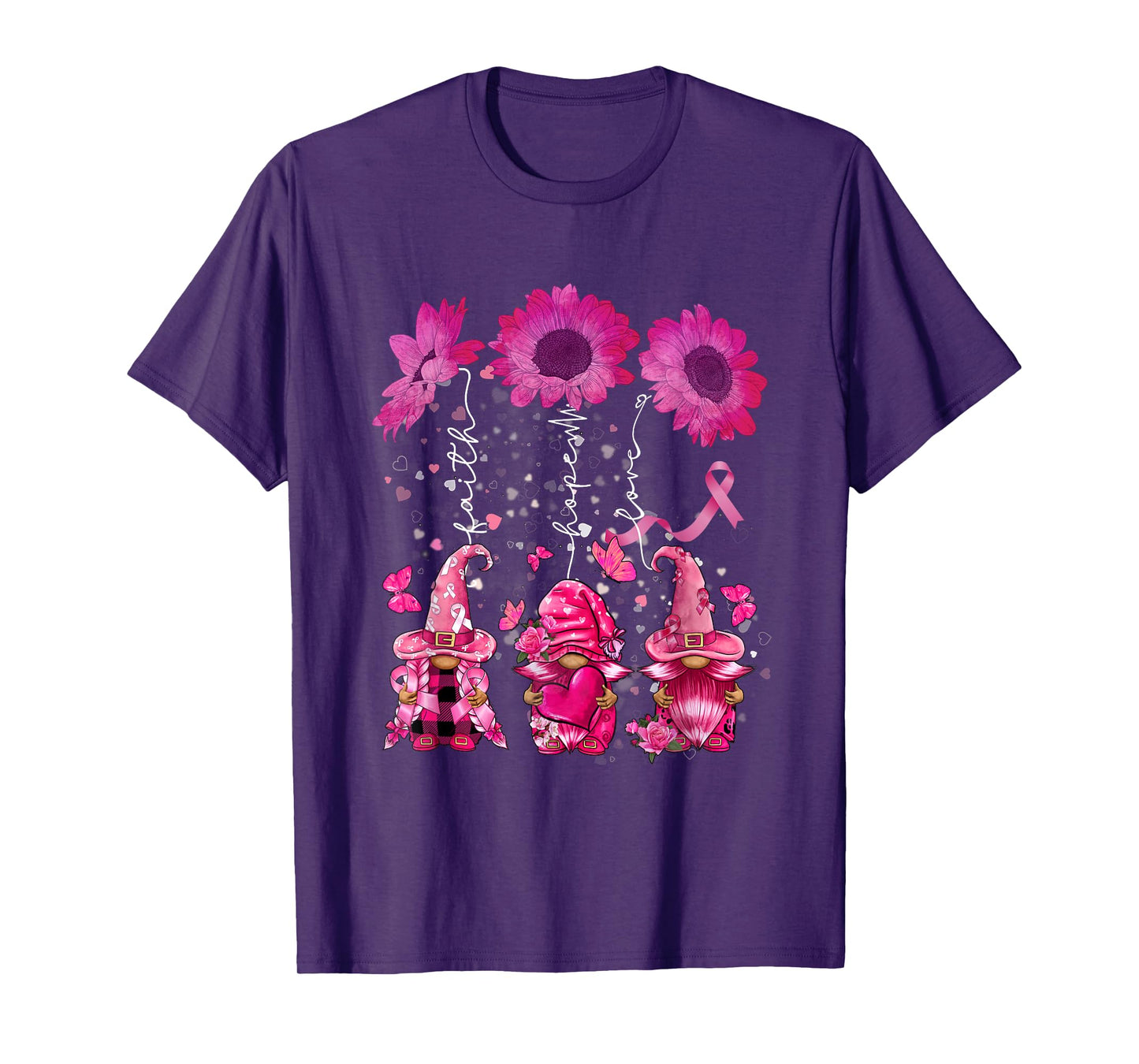 Faith Hope Love Gnome Ribbon Breast Cancer Awareness Flower T-Shirt