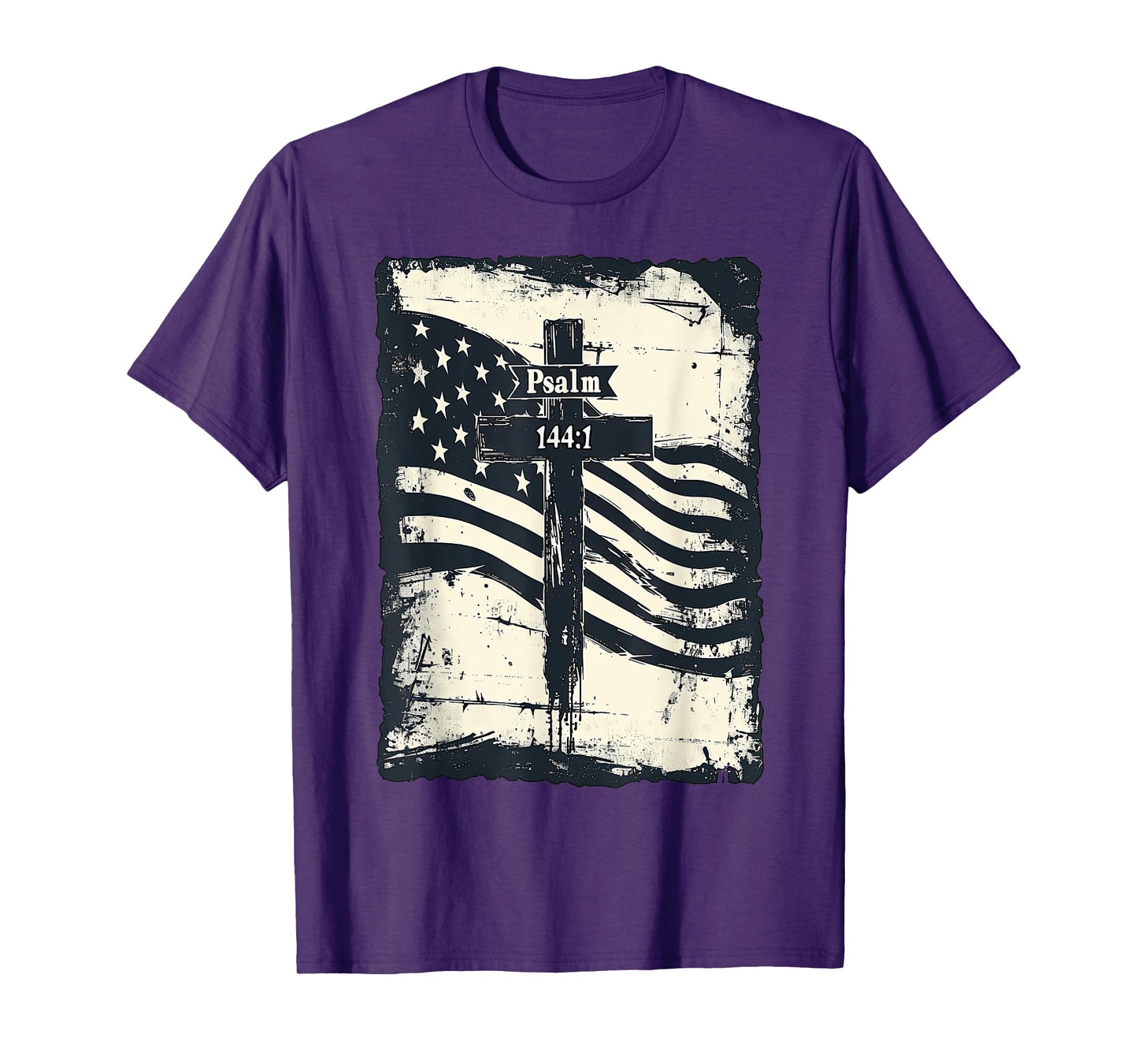 Psalm 144:1 Vintage US Flag Christian Cross Bible Verse T-Shirt