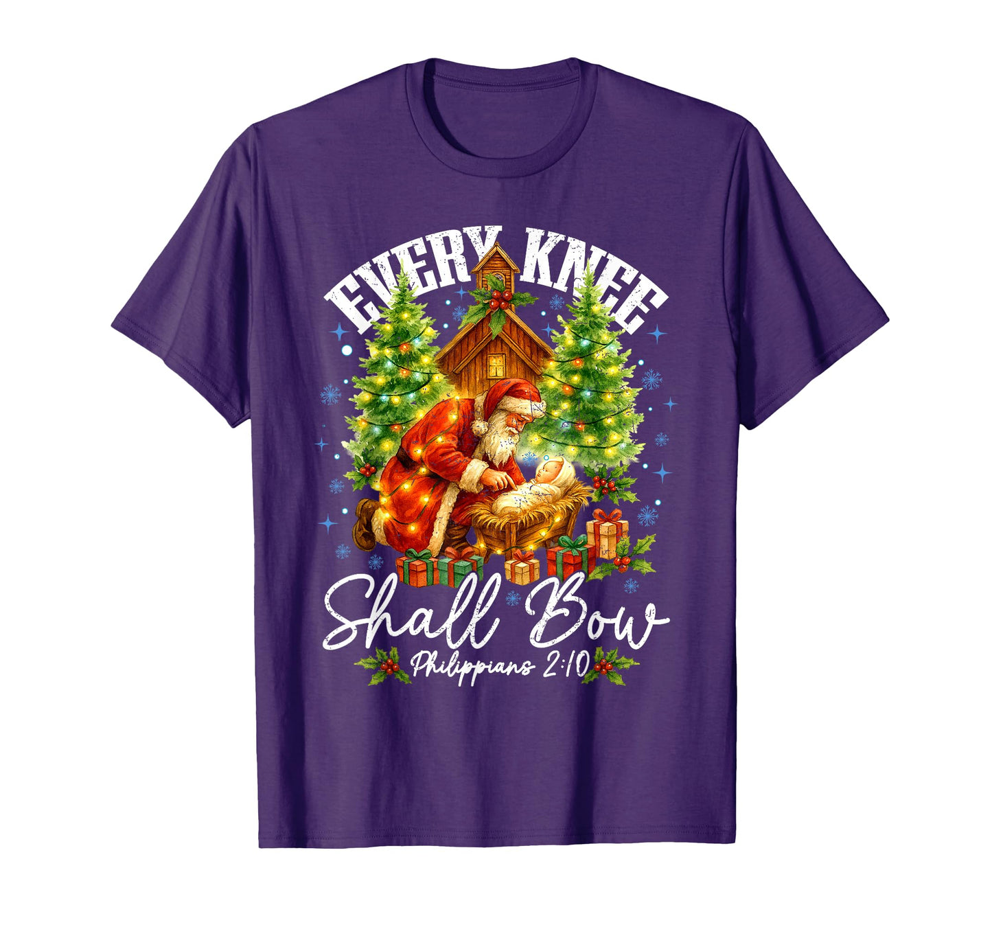 Every Knee Shall Bow Santa Christmas Nativity Scene Xmas T-Shirt