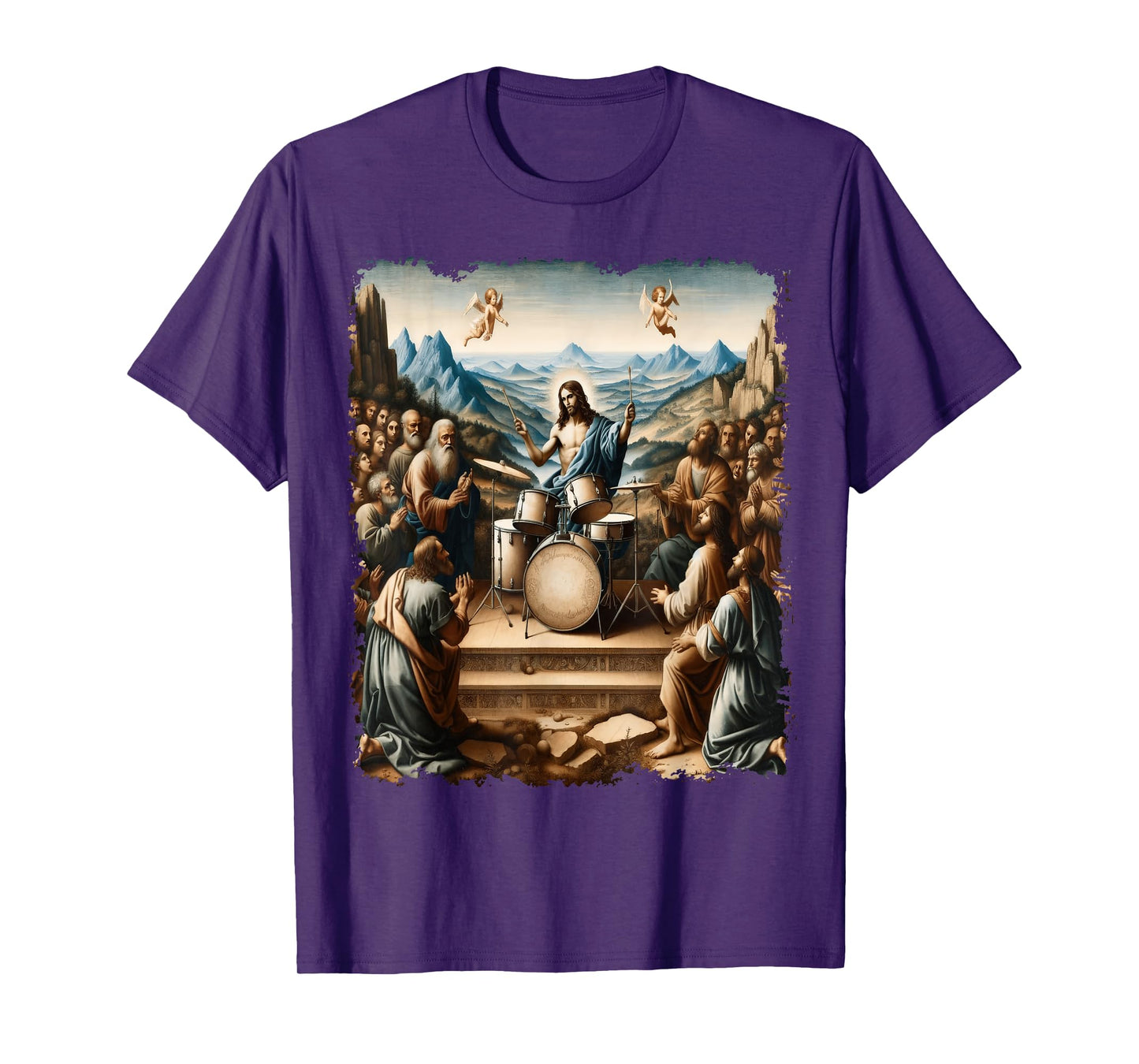 Jesus Playing Drums, Funny Christian Drummer Painting T-Shirt