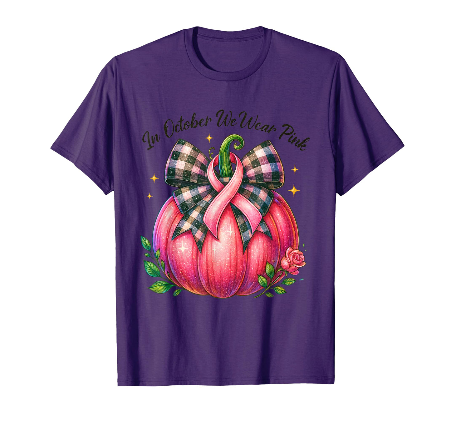 Bow Tie Pumpkin in October We Wear Pink Ribbon Breast Cancer T-Shirt
