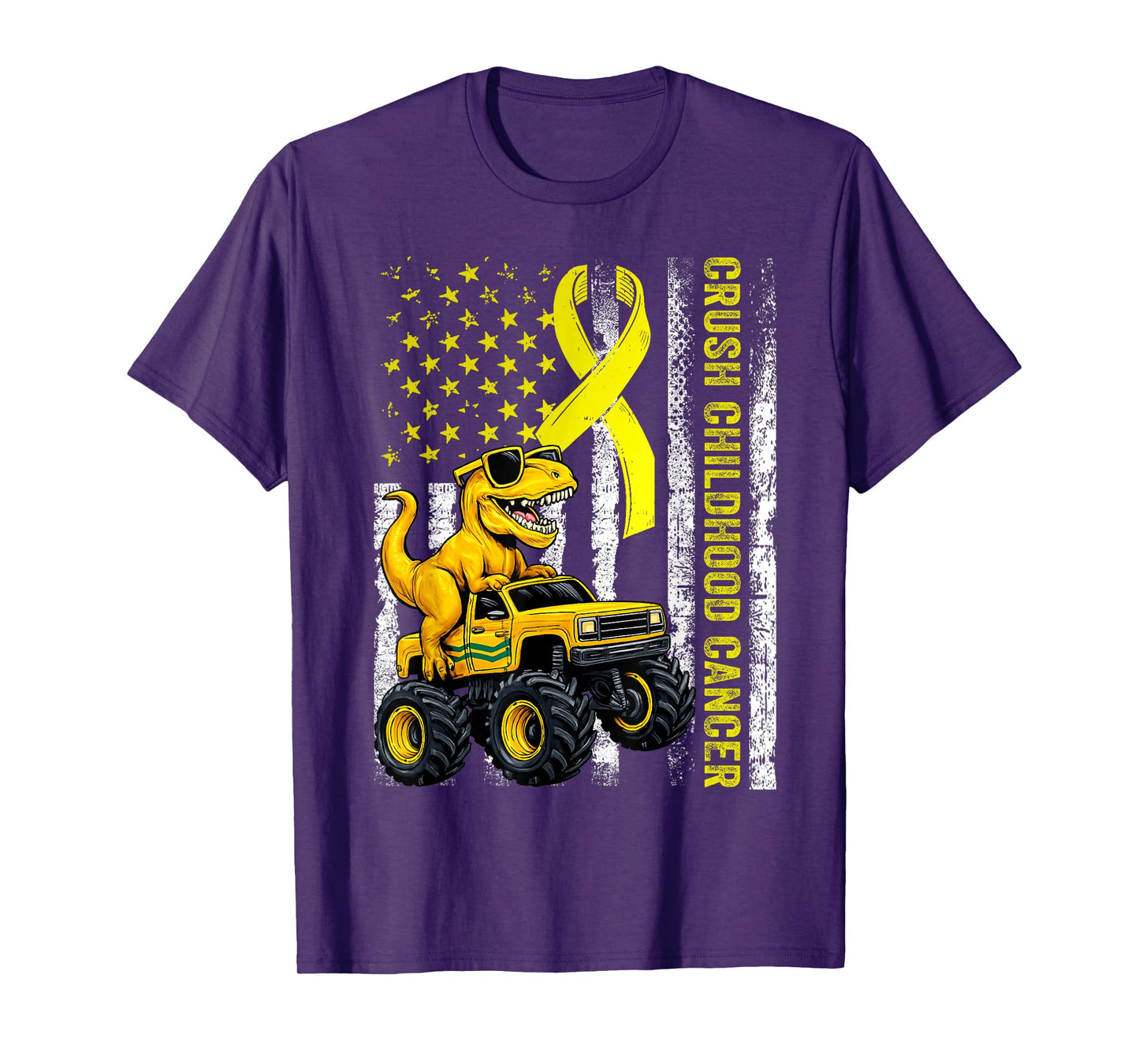 Crush Childhood Cancer 2025 Retro Truck Dinosaur Flag Ribbon T-Shirt
