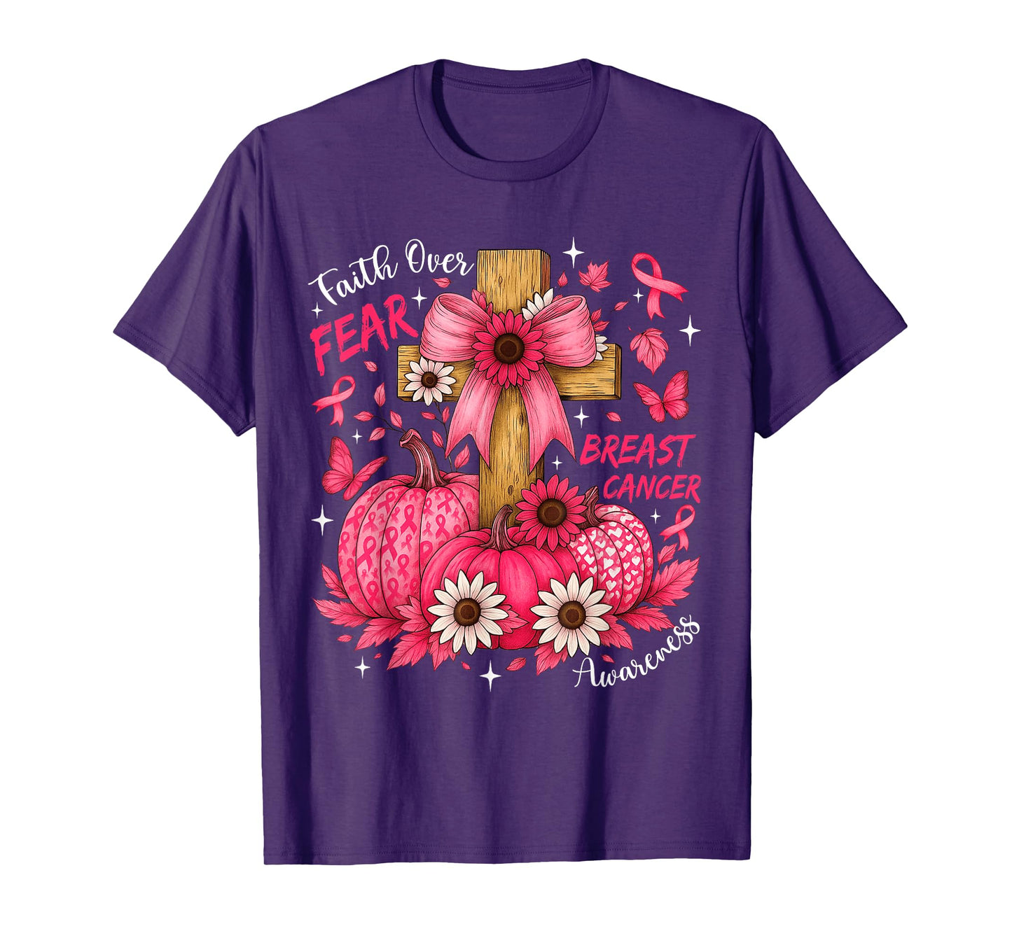 Faith Over Fear Pink Ribbon Pumpkin Breast Cancer Christian T-Shirt