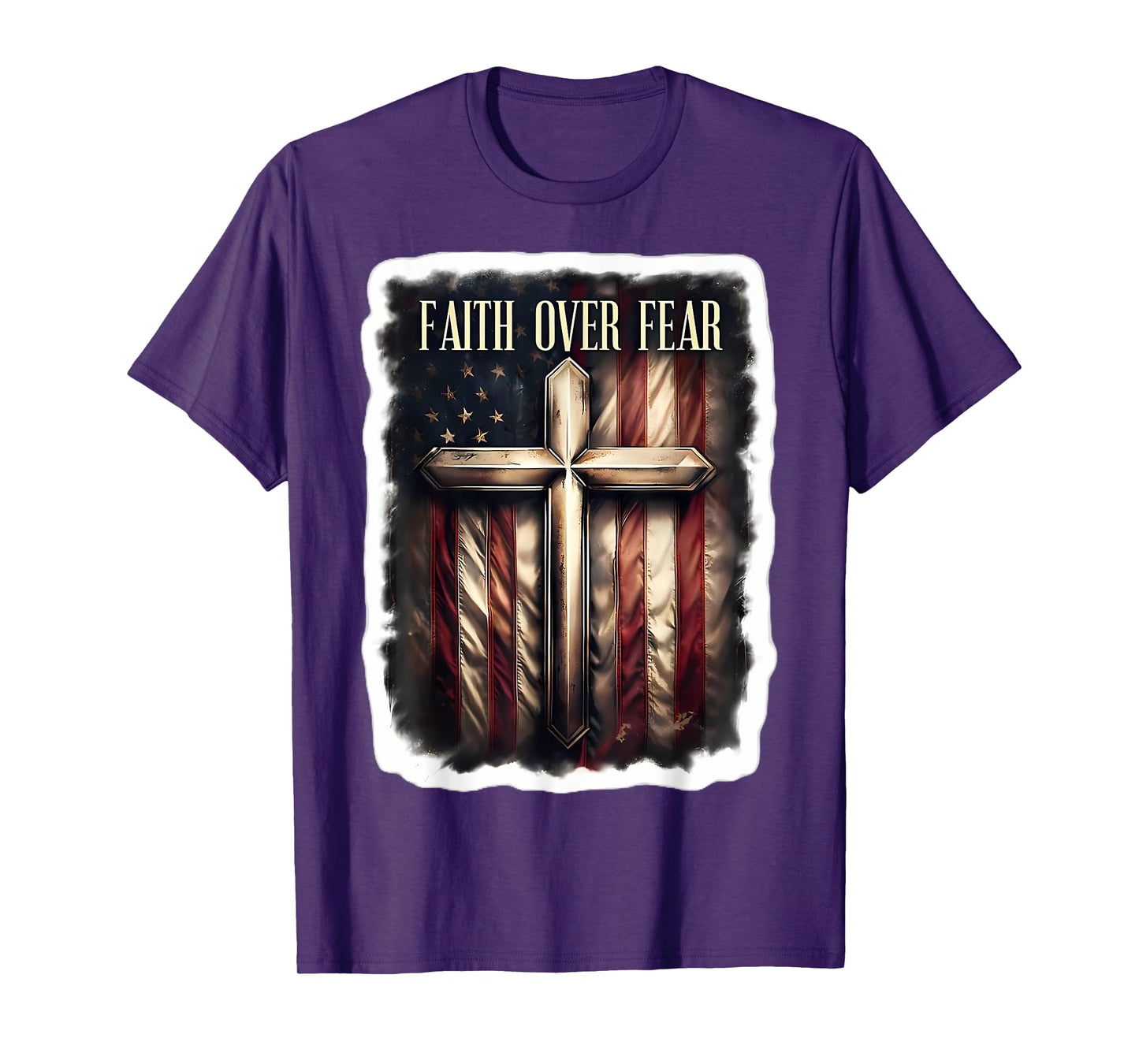 Faith Over Fear Vintage American Flag Cross Christian Quote T-Shirt