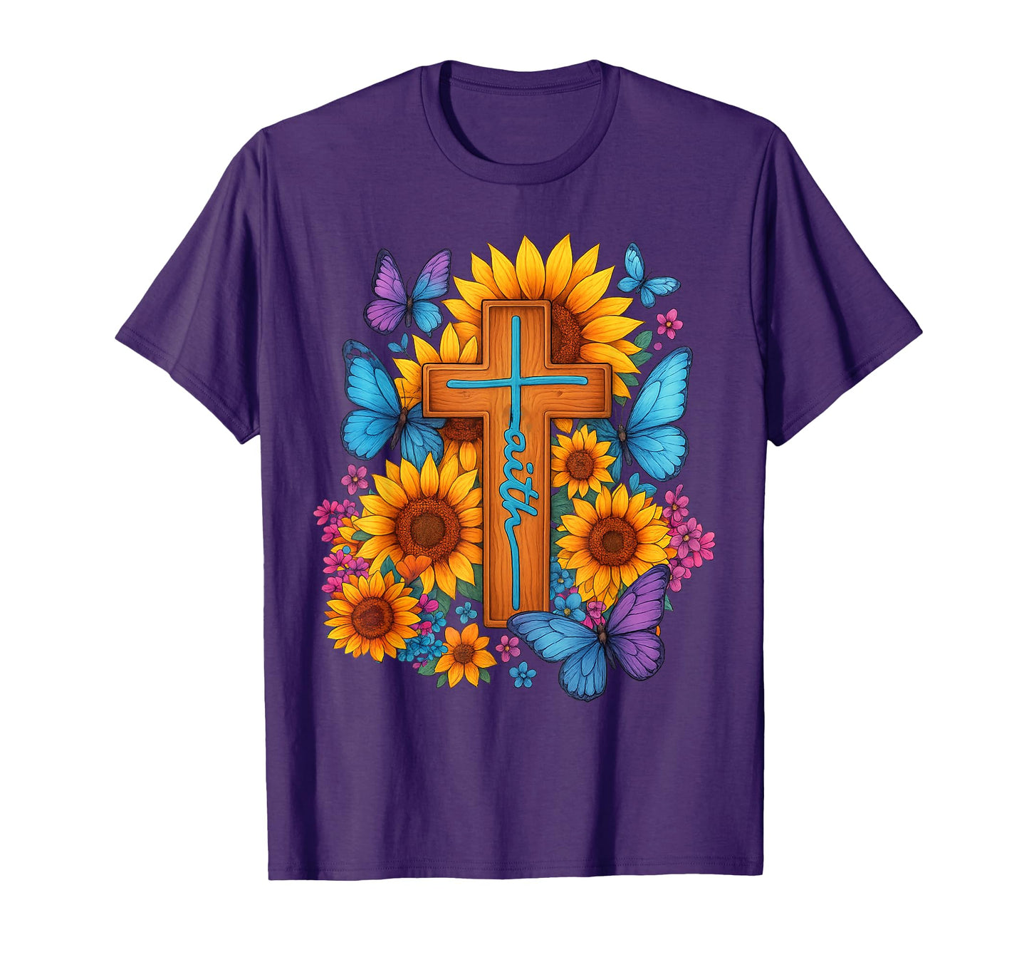 Sunflower Butterfly Cross Faith Christian T-Shirt