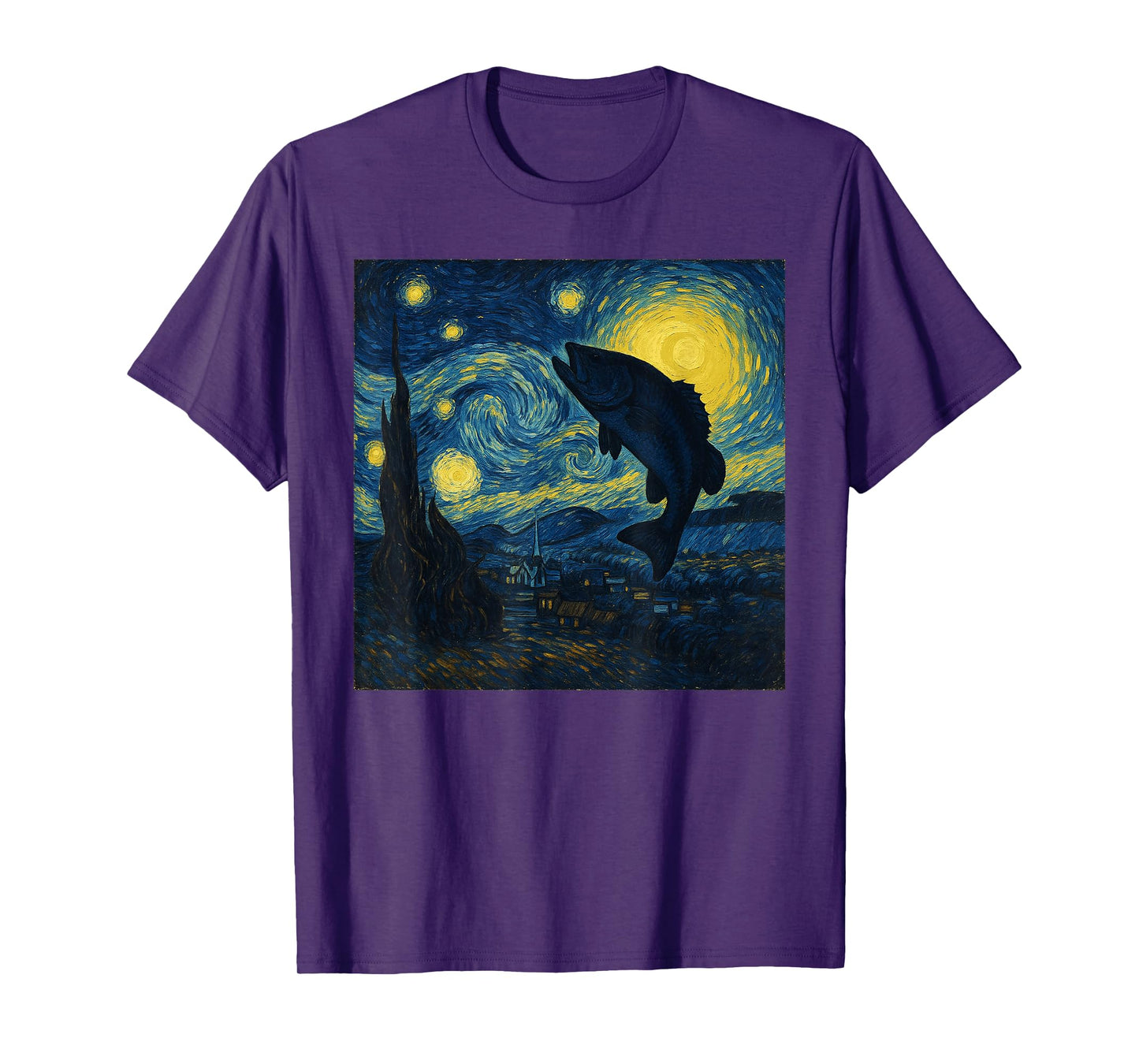 Starry Night Van Gogh Bass Fish Fisherman Funny Graphic T-Shirt