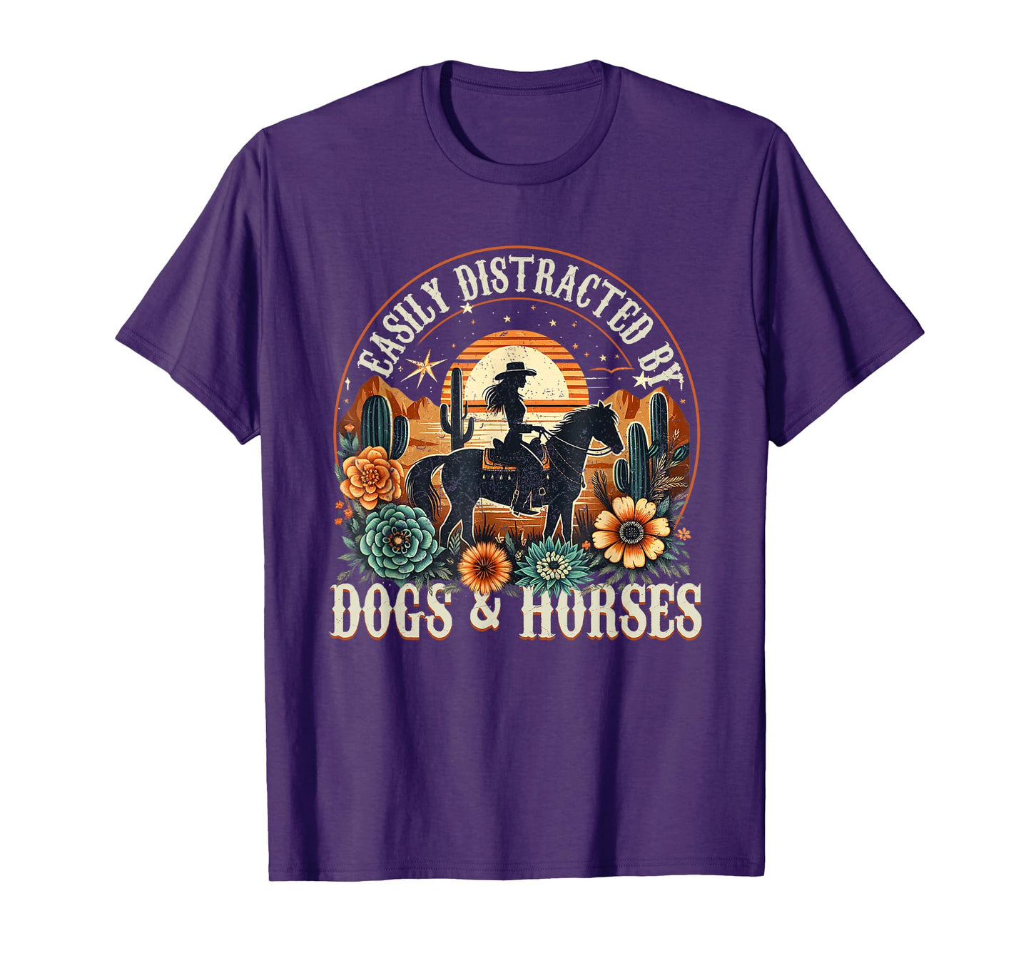 Easily Distracted By Dogs And Horse Funny Horse Retro Sunset T-Shirt