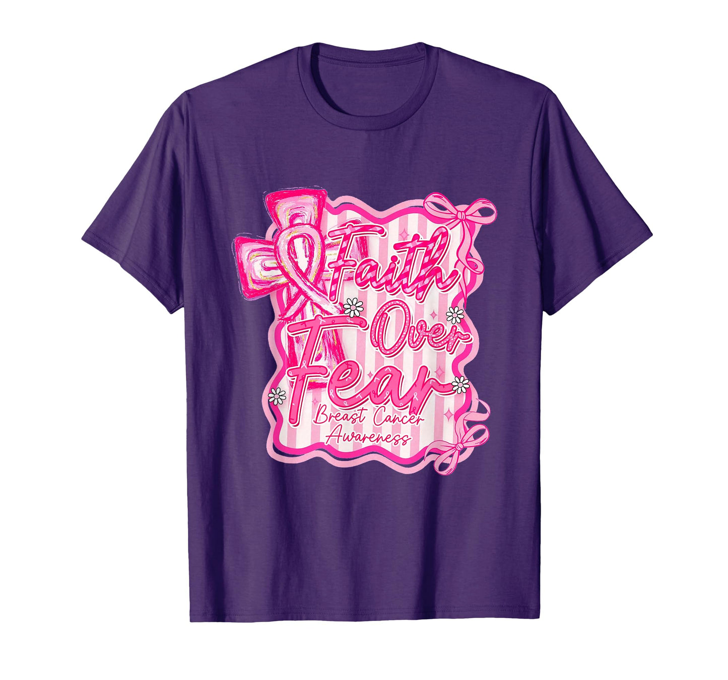 Faith Over Fear Pink Ribbon Christian Cross Breast Cancer T-Shirt