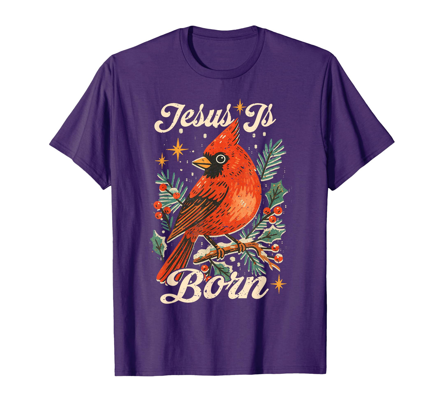 Merry Christmas Cardinal Bird Xmas Vintage Jesus is Born T-Shirt