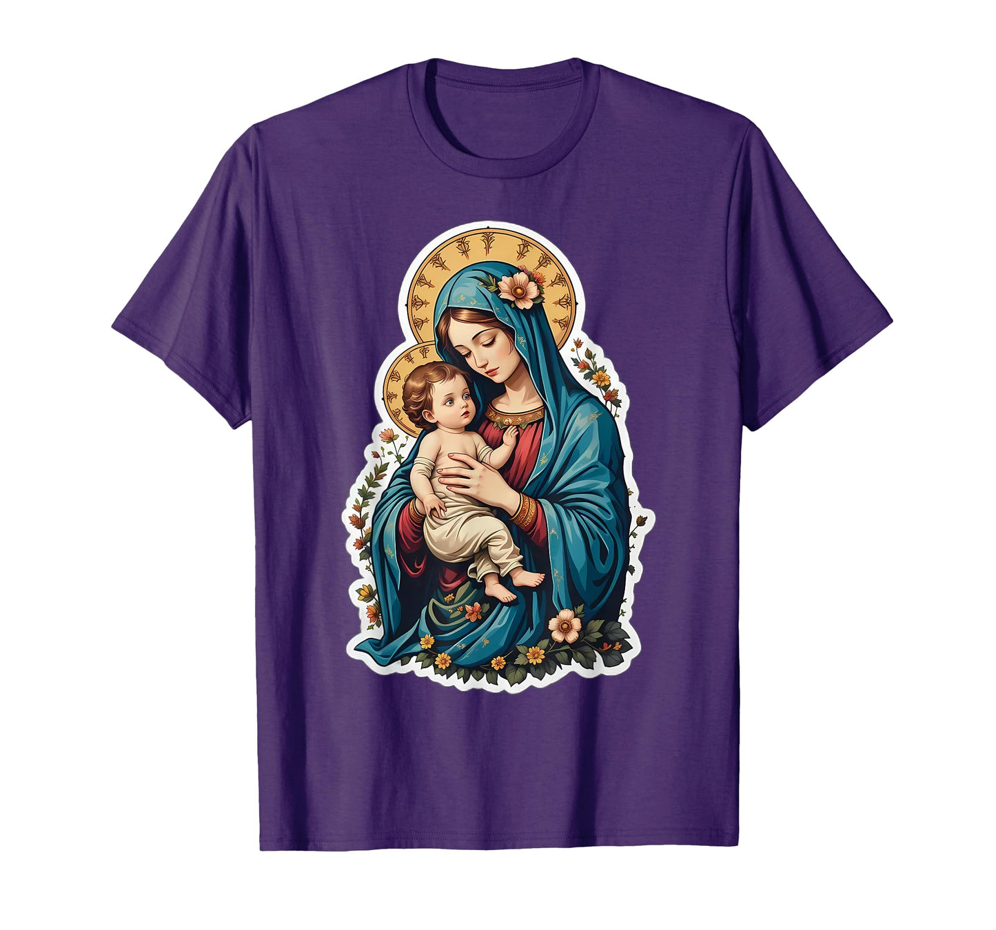 Floral Saint Mary with Baby Jesus Christ Santa Maria Panagia T-Shirt